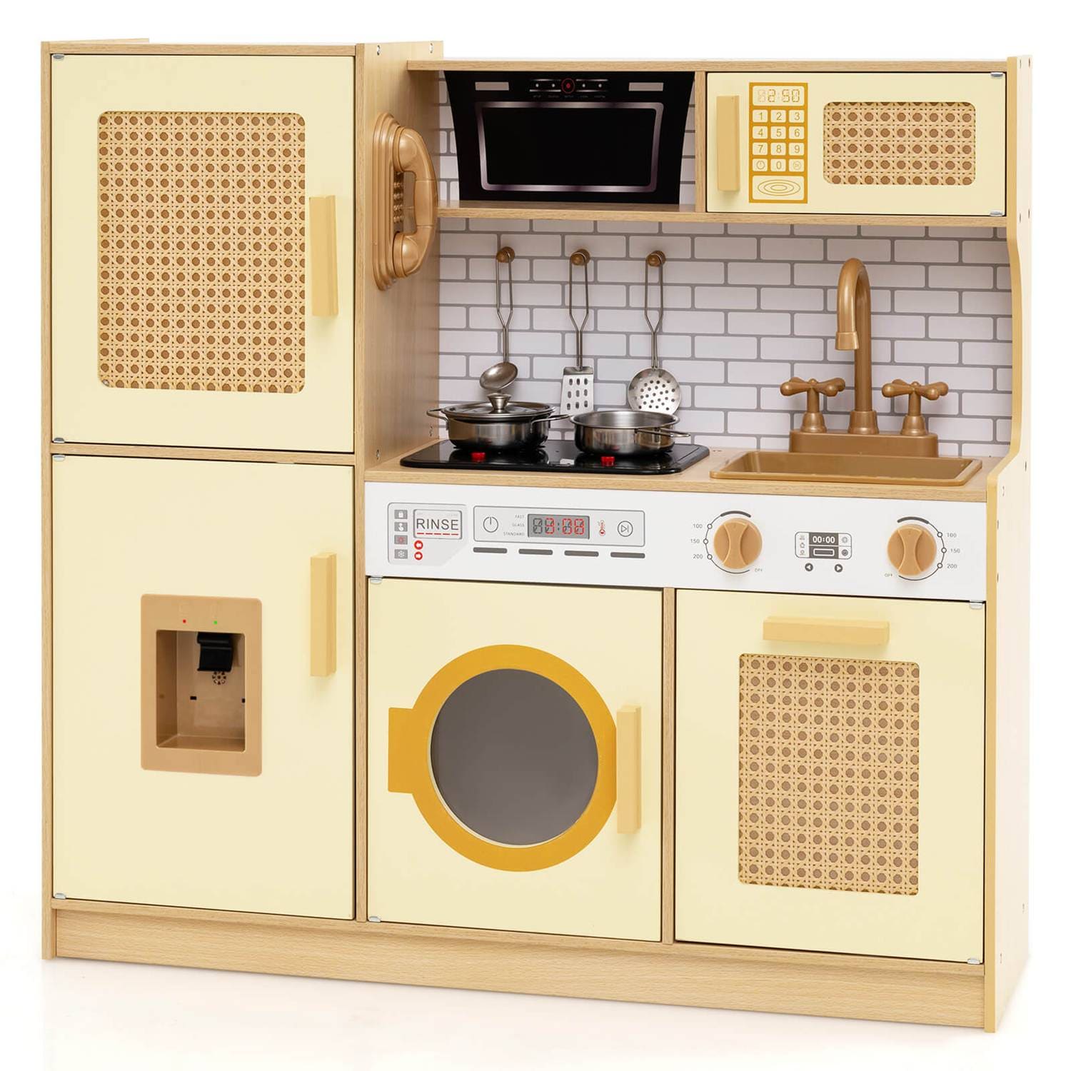 Costway - Wooden Kids Kitchen Playset Pretend Play Kitchen with Real Sounds Lights Yellow