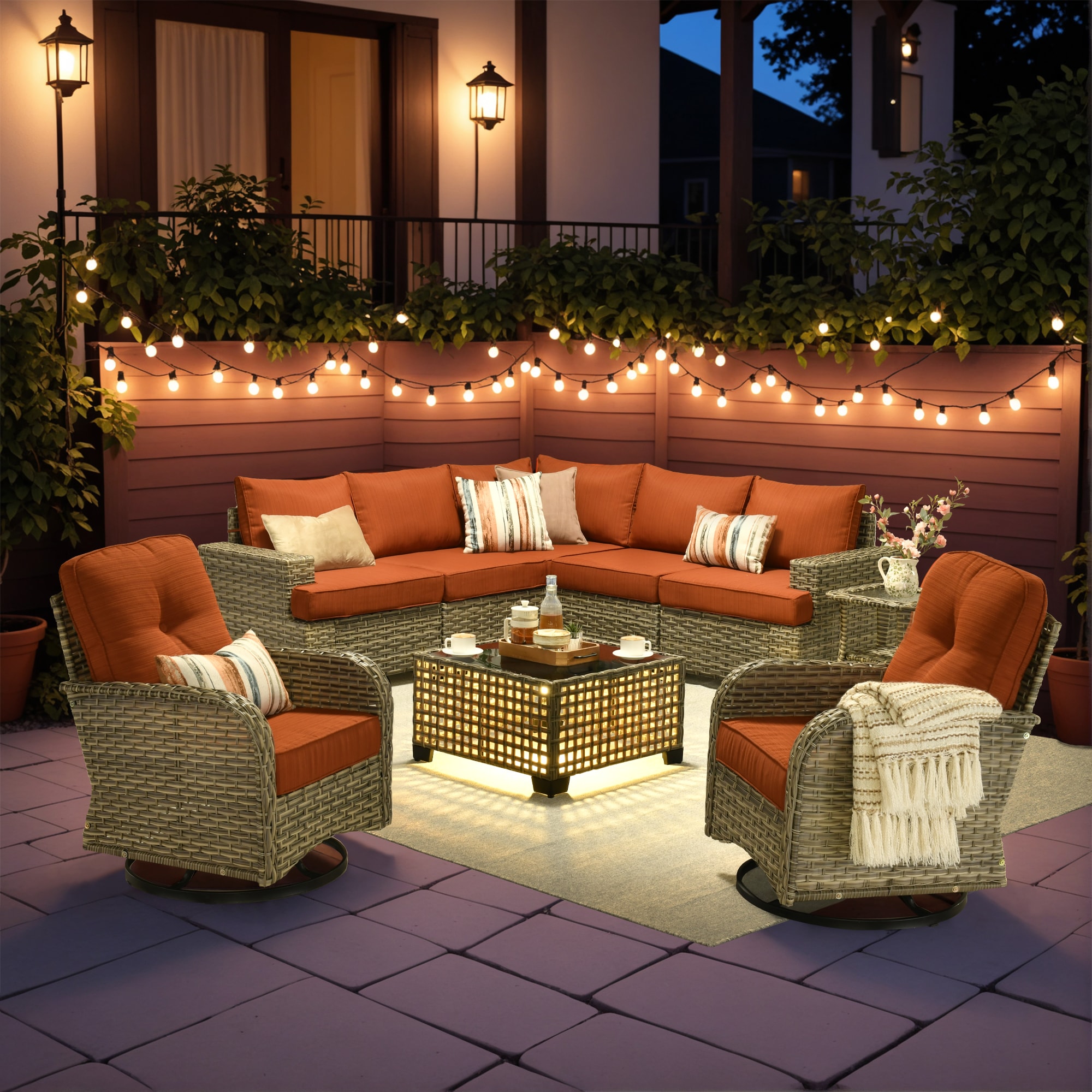 ALTRIGUS 6L-VYZTBS8092-AL 9 -Piece Wicker Patio Sofa Conversation Set with Orange Cushions