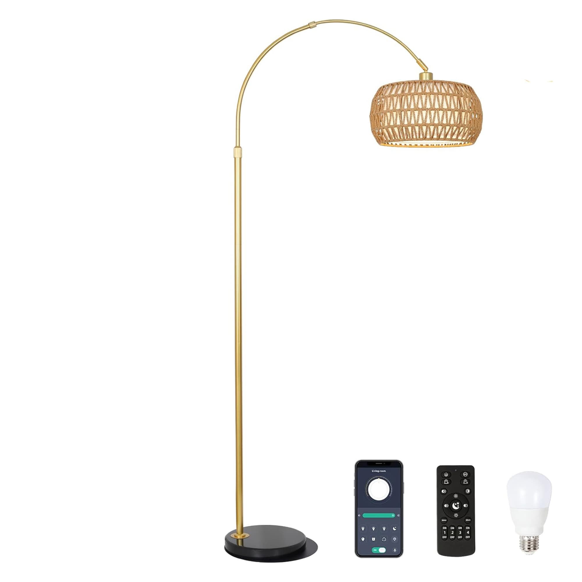 SINOFURN SYA360030GD 72.8-Inches Gold Arc Floor Lamp with Rattan Shade