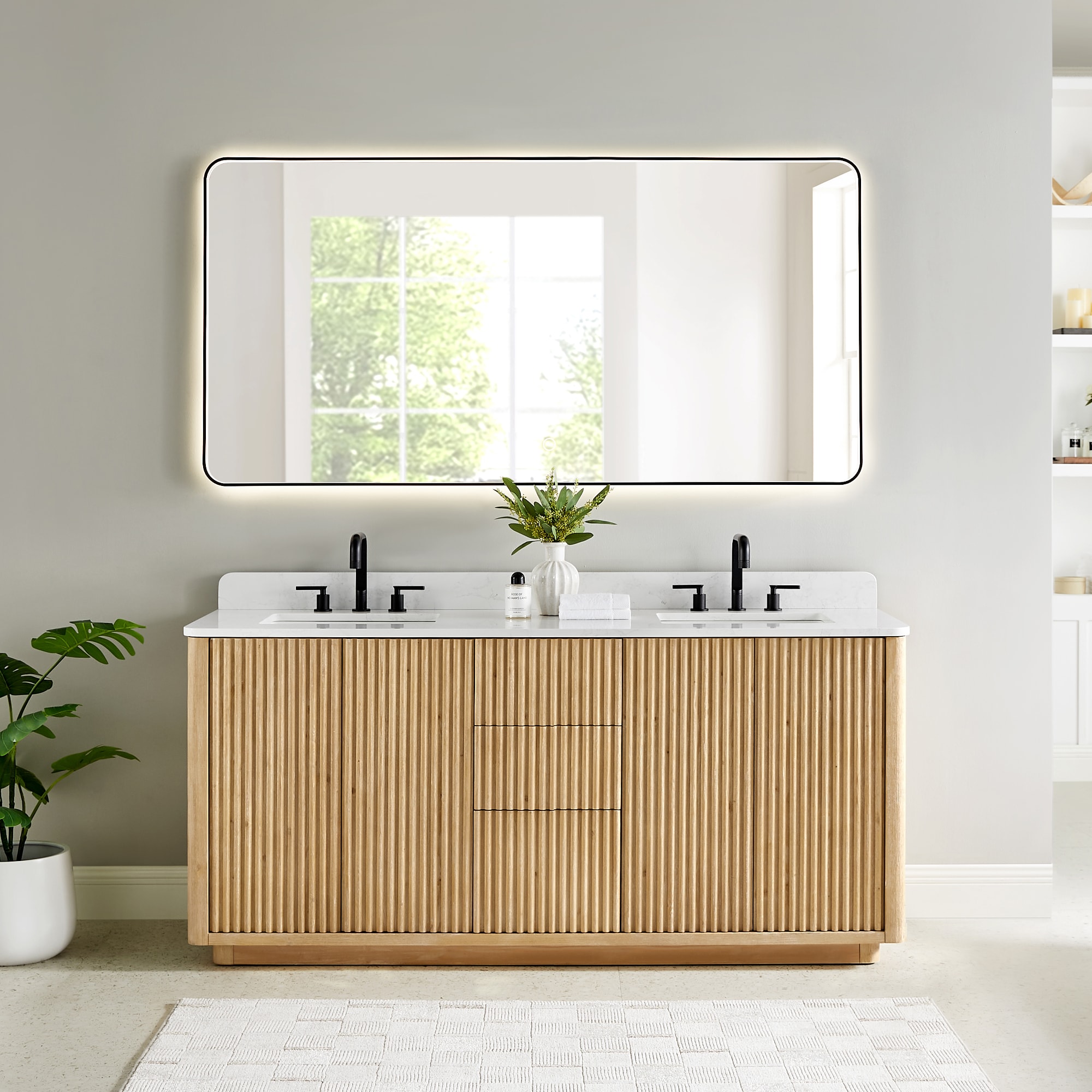 Altair 580072-WL-GW Clayton 72-in Washed Light Brown Undermount Double Sink Bathroom Vanity with Grain White Engineered Stone Top (Mirror Included)
