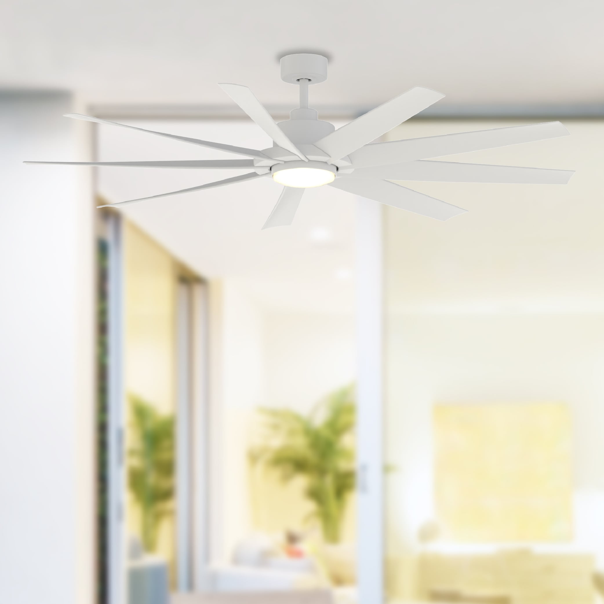 Fanimation Studio Collection LP6864LMW SixtyFour 64-in Color-Changing Integrated LED Outdoor Matte White with Matte White Blades Ceiling Fan With Light - Remote Included ( 9 -Blade )