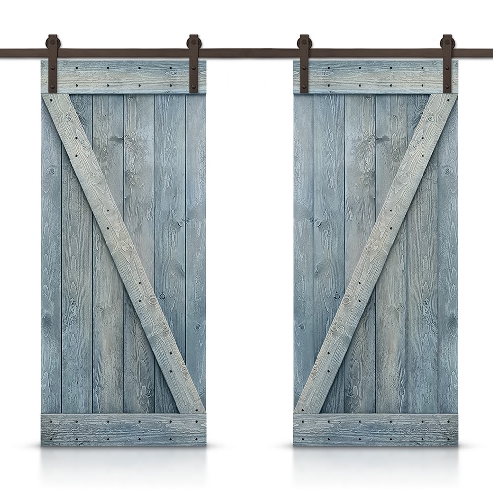 CALHOME CN+(2)SAB-79+B20L 40-in x 84-in Denim Blue Stained Wood Solid core Double Barn Door (Hardware Included)