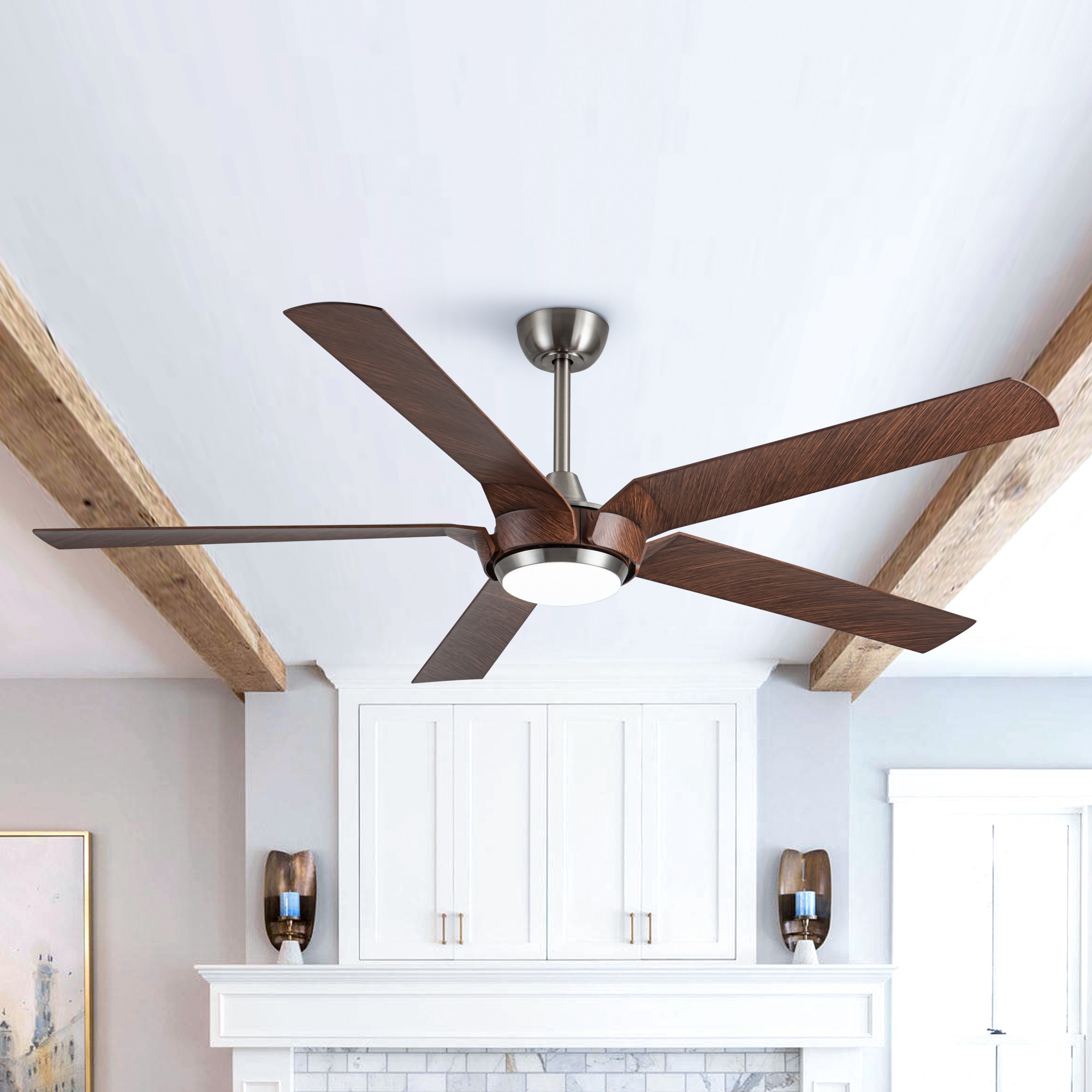 Parrot Uncle F8305110V 65-in Color-Changing Integrated LED Satin Nickel with Brown Blades Ceiling Fan With Light and Remote ( 5 -Blade )