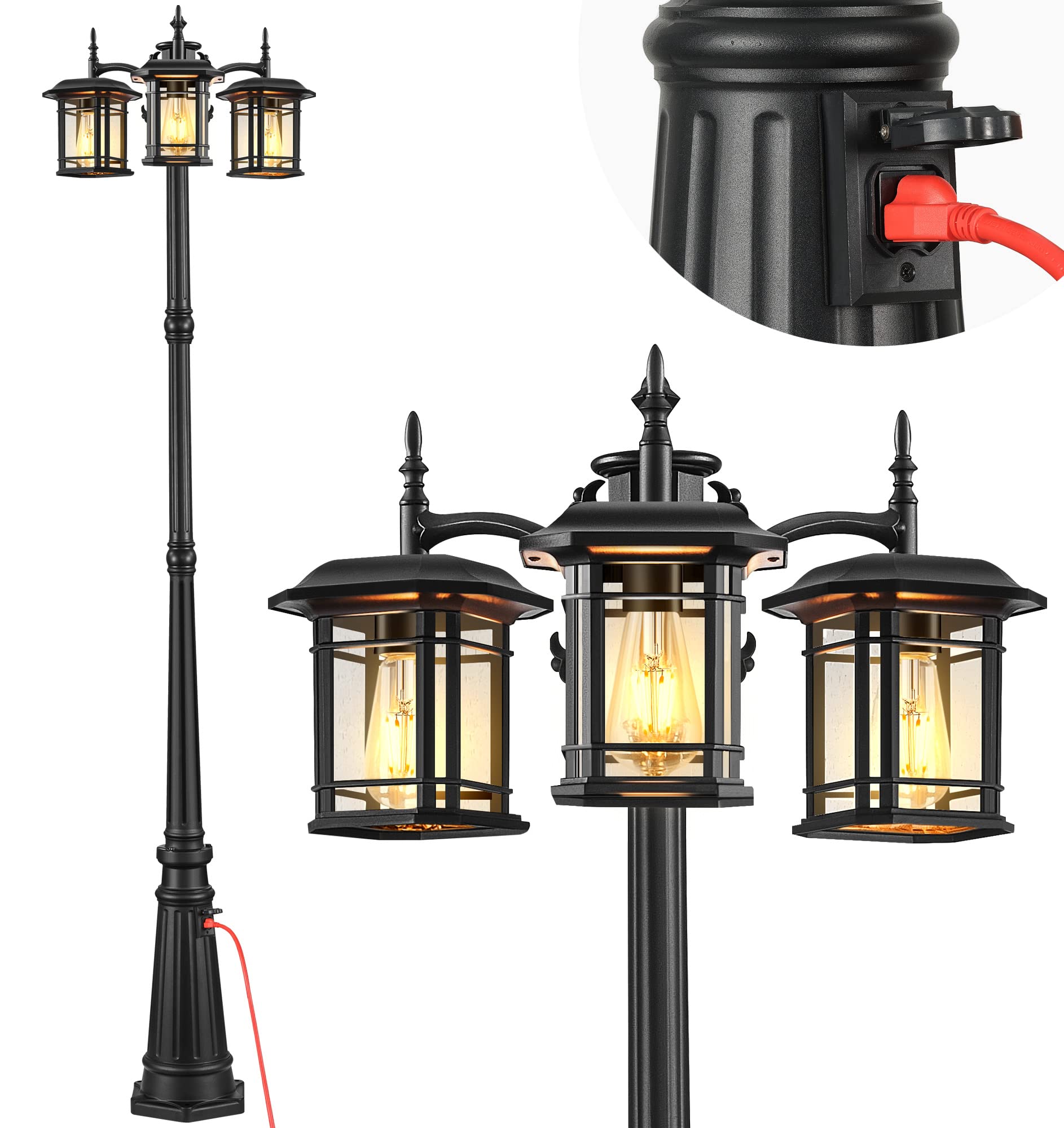 Aoibox  3 Head Outdoor Lamp Post Light with Built In Outlet Dusk to Dawn Sensor Waterproof Black Aluminum Post
