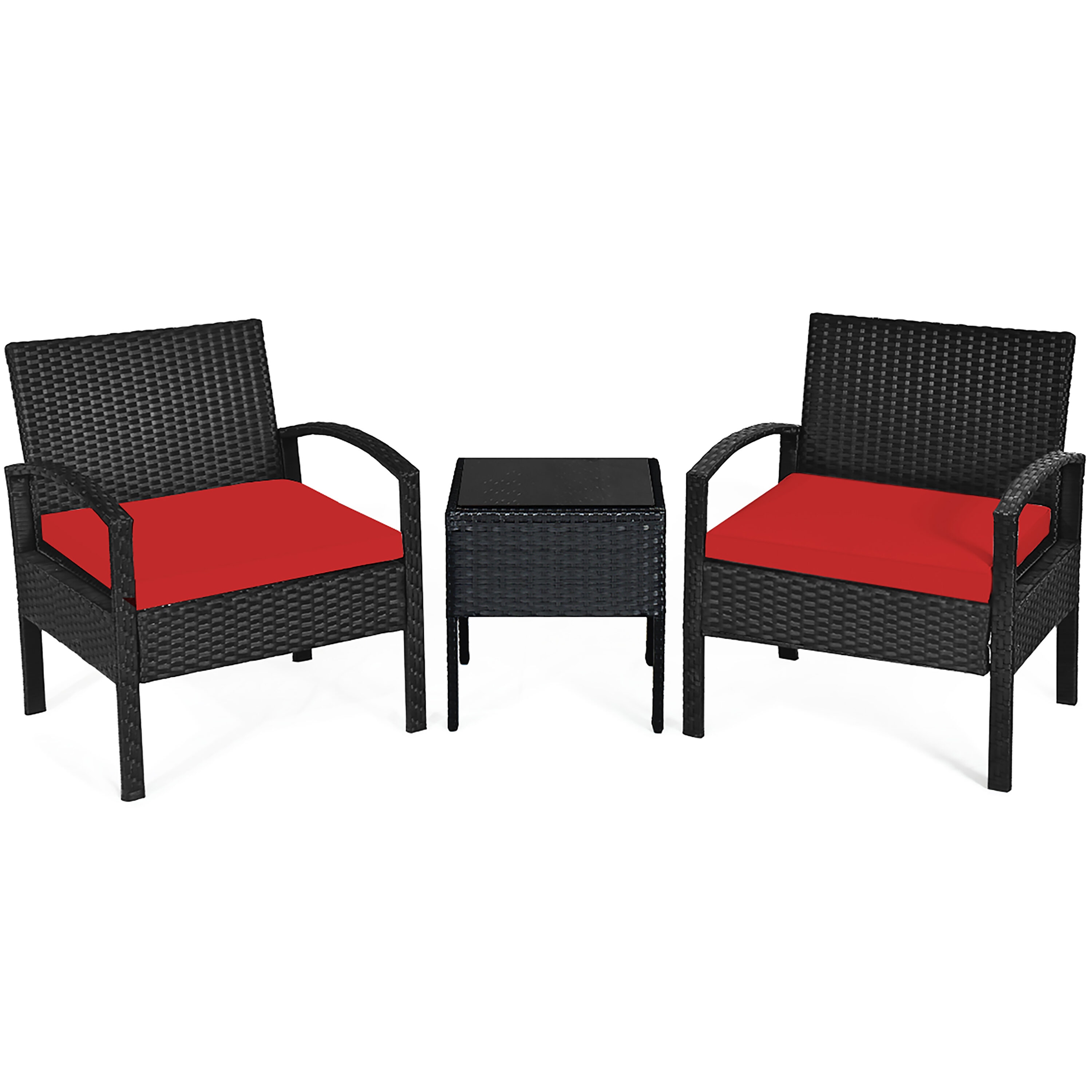 Costway HW63218RE 3 -Piece Rattan Patio Conversation Set with Red Cushions