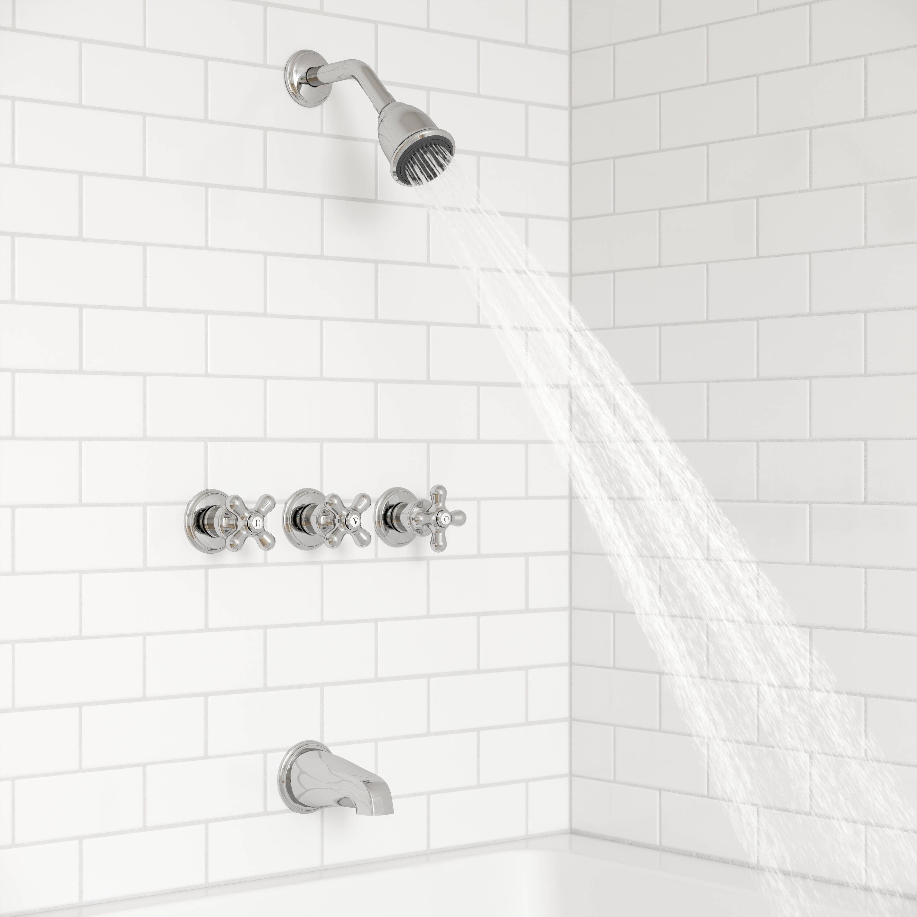 Polished Chrome Wall Mounted 3-Handle Tub and Shower Faucet