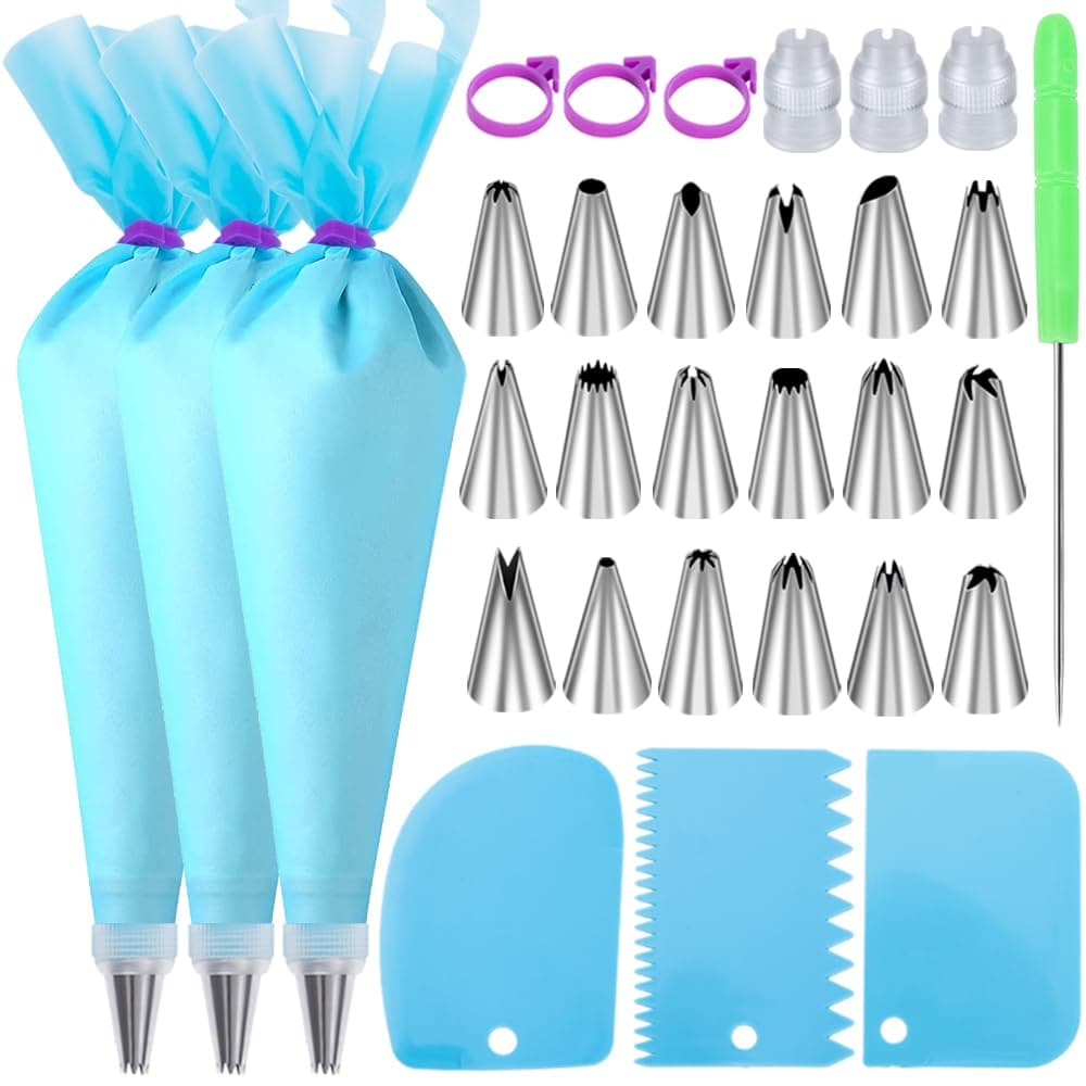 DHMHD  Piping Bags and Tips Set with 3 Reusable Silicone Bags 18 Frosting Tips 3 Couplers 3 Bag Ties 3 Cake Scrapers and Cake Decorating Tools
