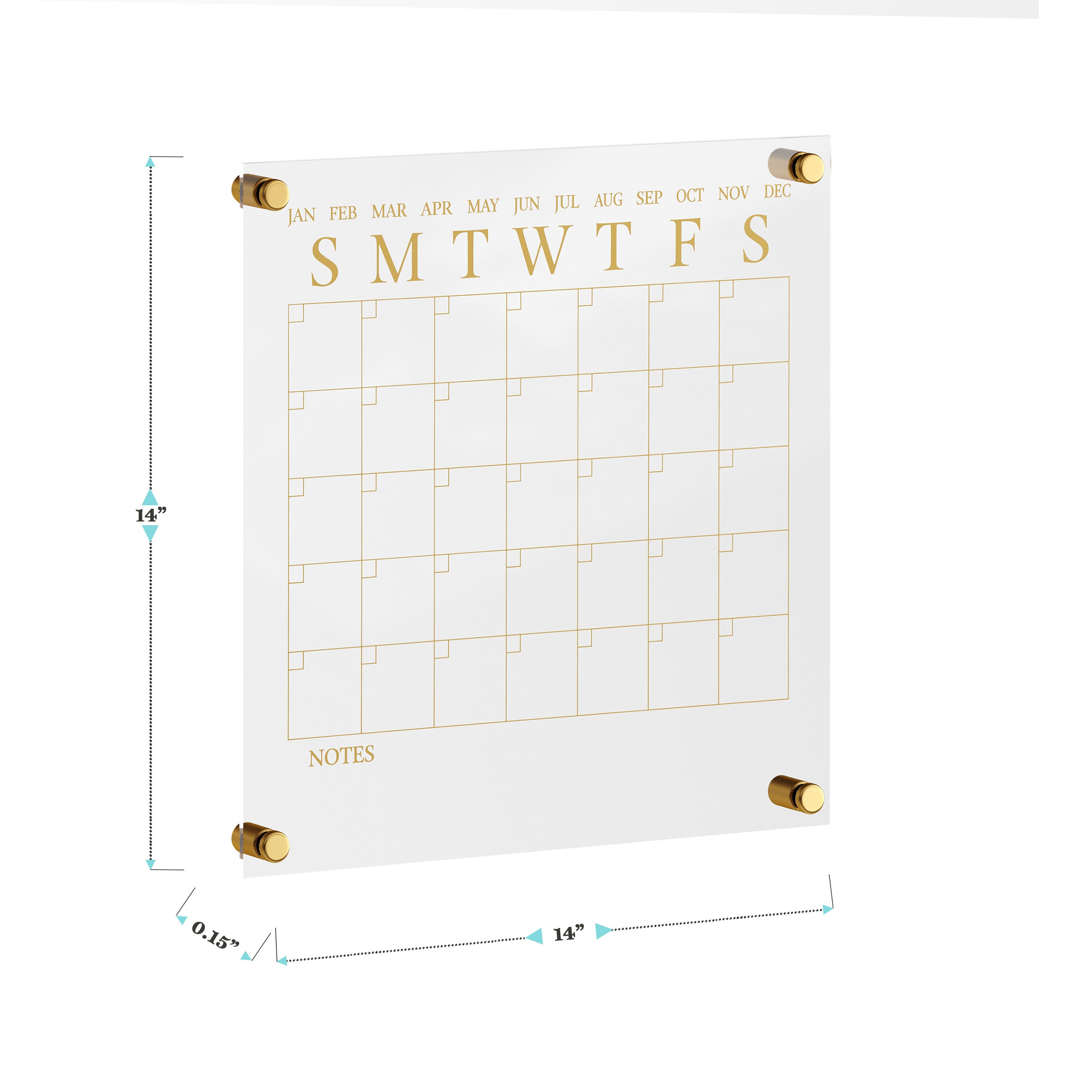 Clear Gold Acrylic Monthly Wall Calendar with Dry Erase Marker