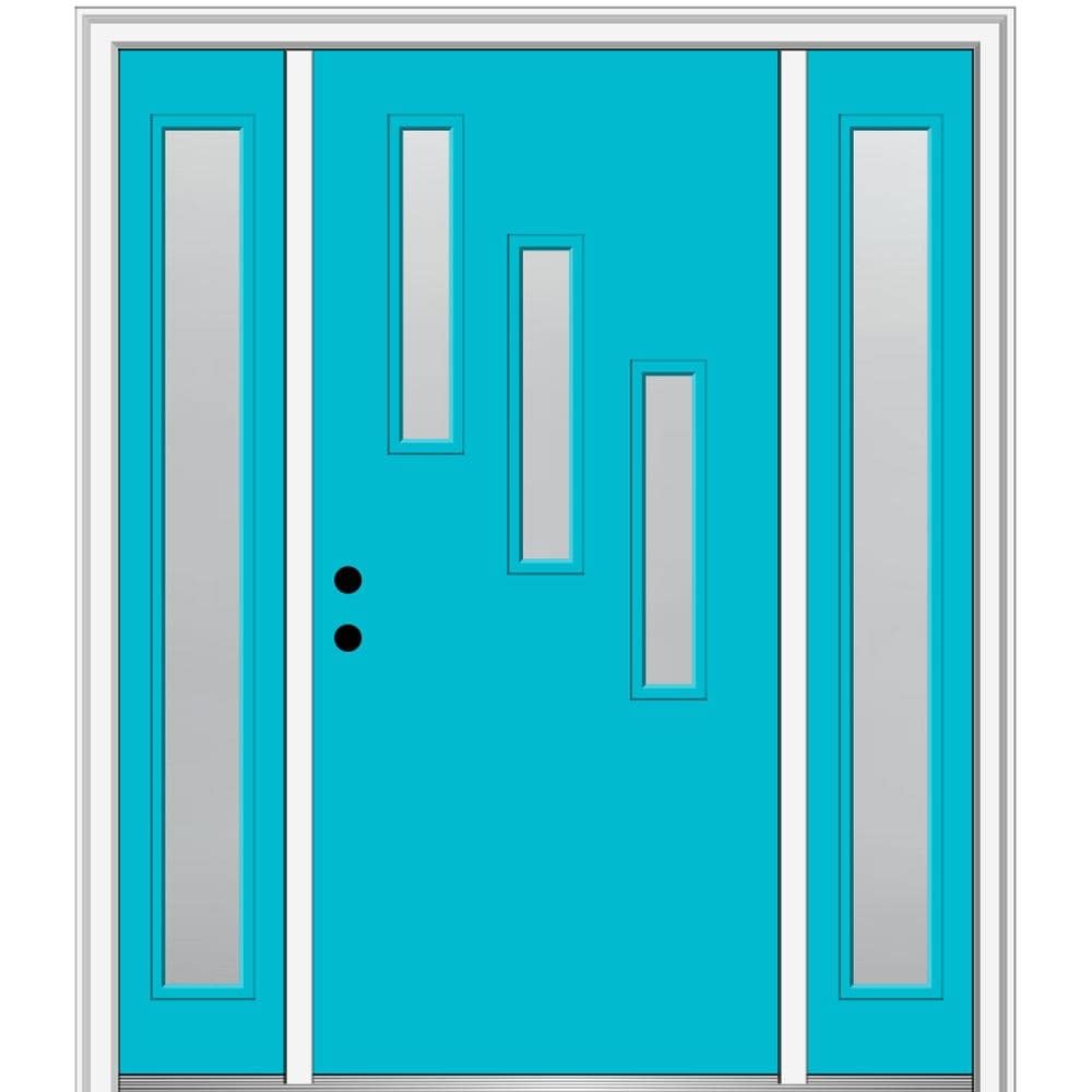 MMI DOOR ZZ348079R Spotlights 64-in x 80-in x 4-9/16-in Fiberglass Pulse lite Right-hand inswing Bahama Blue Painted Prehung Front Door with Sidelights with Brickmould Insulating core