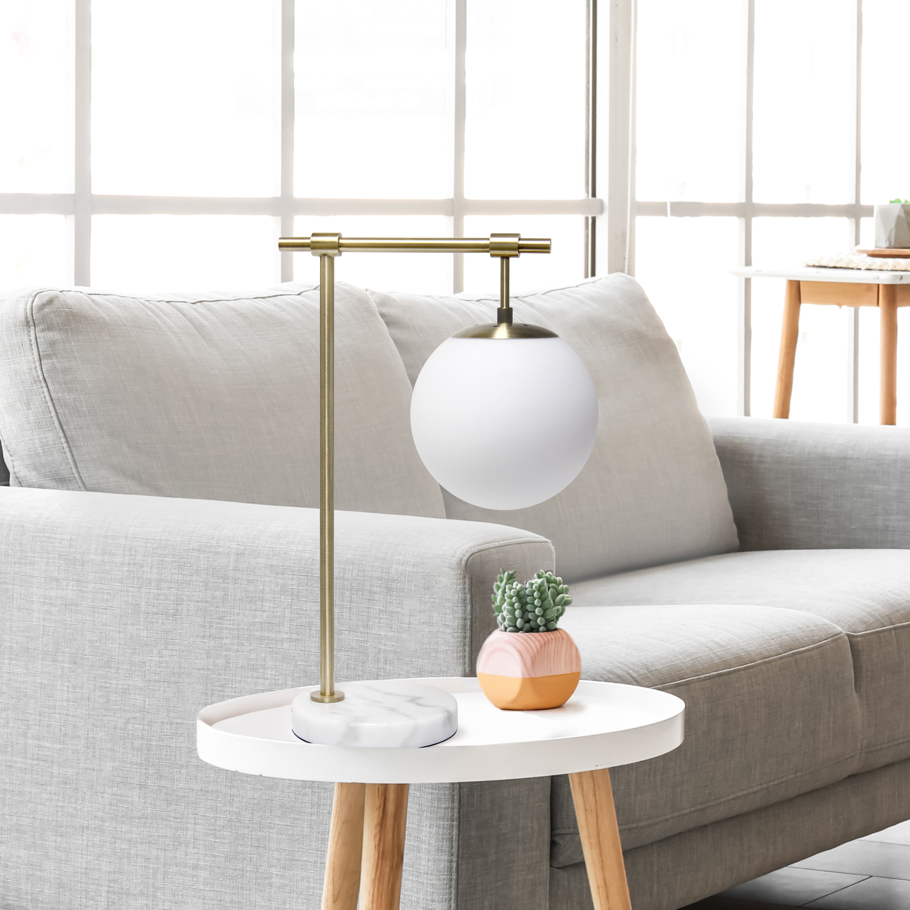 21" White Globe Shade Table Lamp with Marble Base and Brass Arm