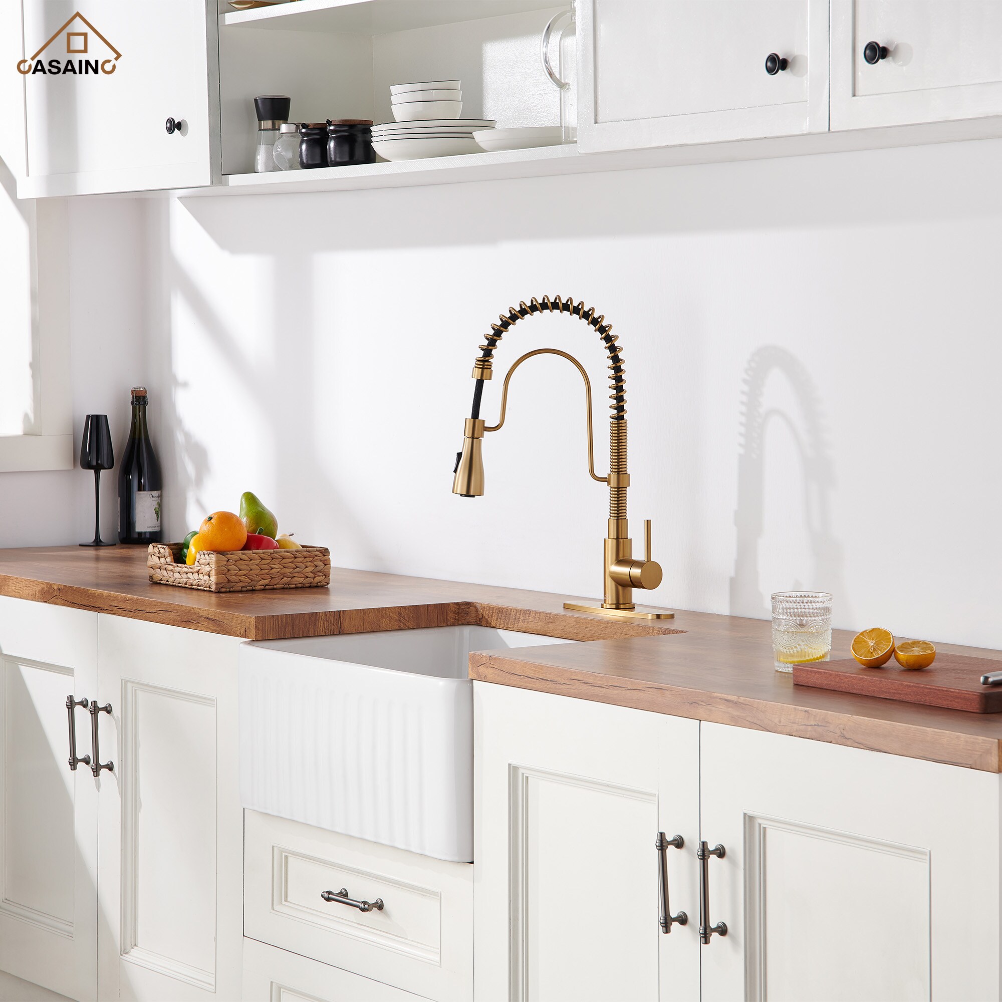 CASAINC Brushed Gold Single Handle Pull-out Kitchen Faucet with Deck ...