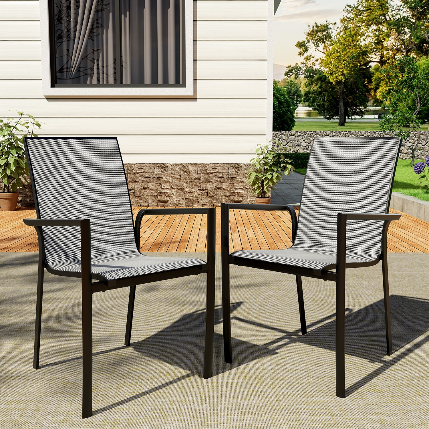 Mondawe MO-IVY42-2P Assembled Set of 2 Stackable Black Aluminum Frame Stationary Dining Chair with Mesh Seat
