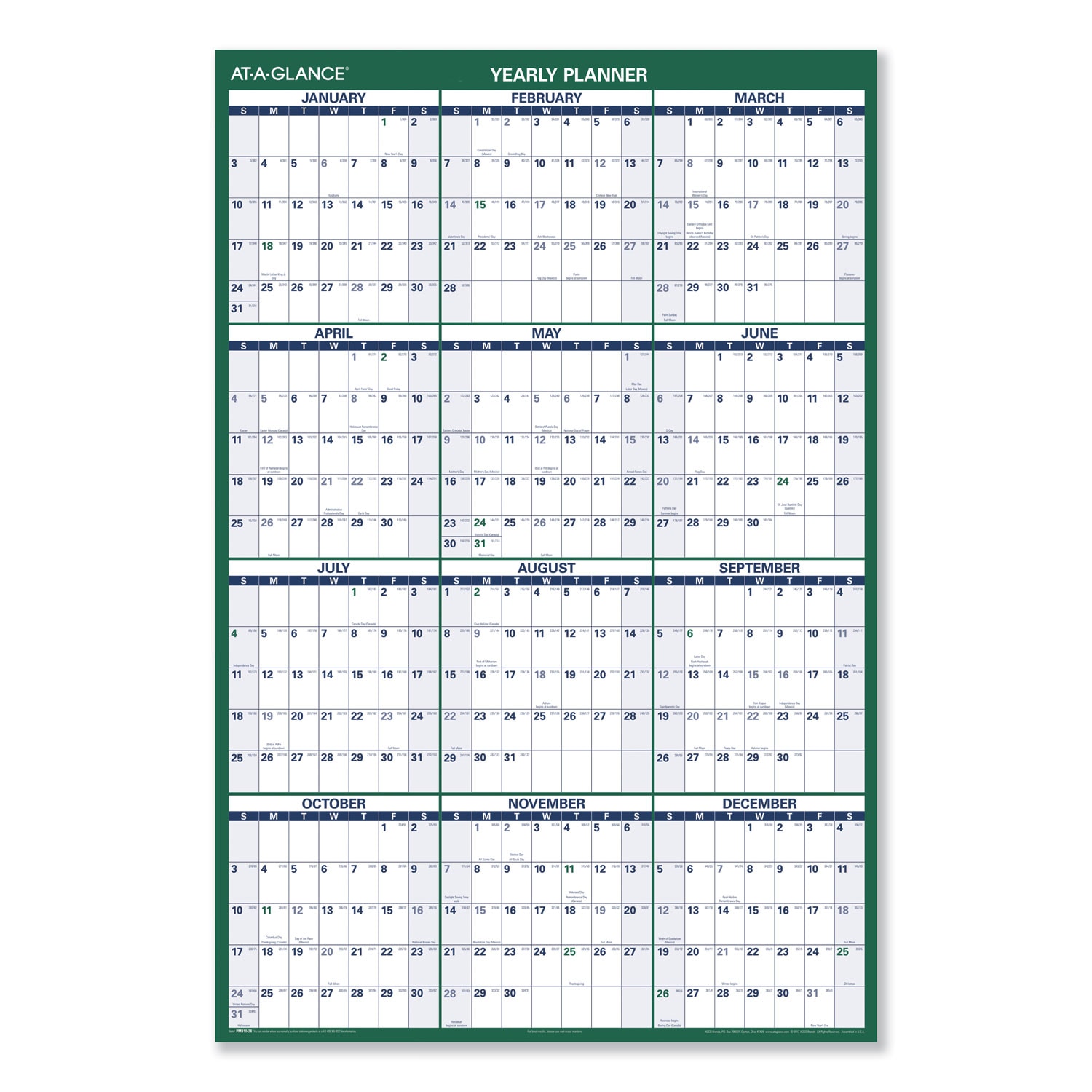 AT-A-GLANCE Vertical Erasable Wall Planner 32 x 48 White Green Sheets 12 Month Jan to Dec 2026