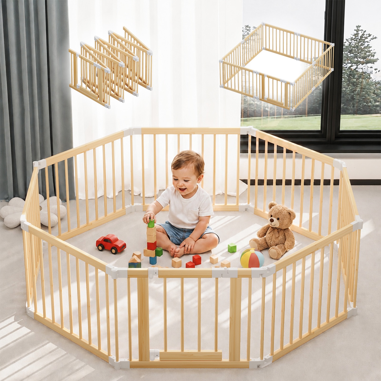 LOVMOR  8 Panel Foldable Wooden Baby Playpen Adjustable Multi-Shape Baby Play Yard with Child-Proof Lock - Easy Assembly 59 x 59 x 24 Inch