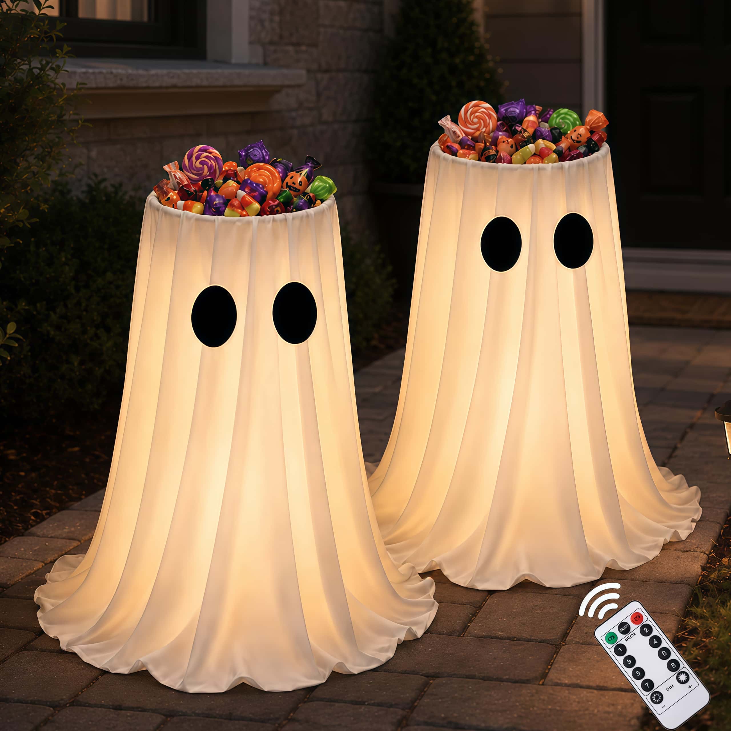 OGETFUUR 2-pcs Glowing Ghost Halloween Candy Bowl Halloween Decoration with 8 Lighting Modes for Porch Yard and Entryway Displays