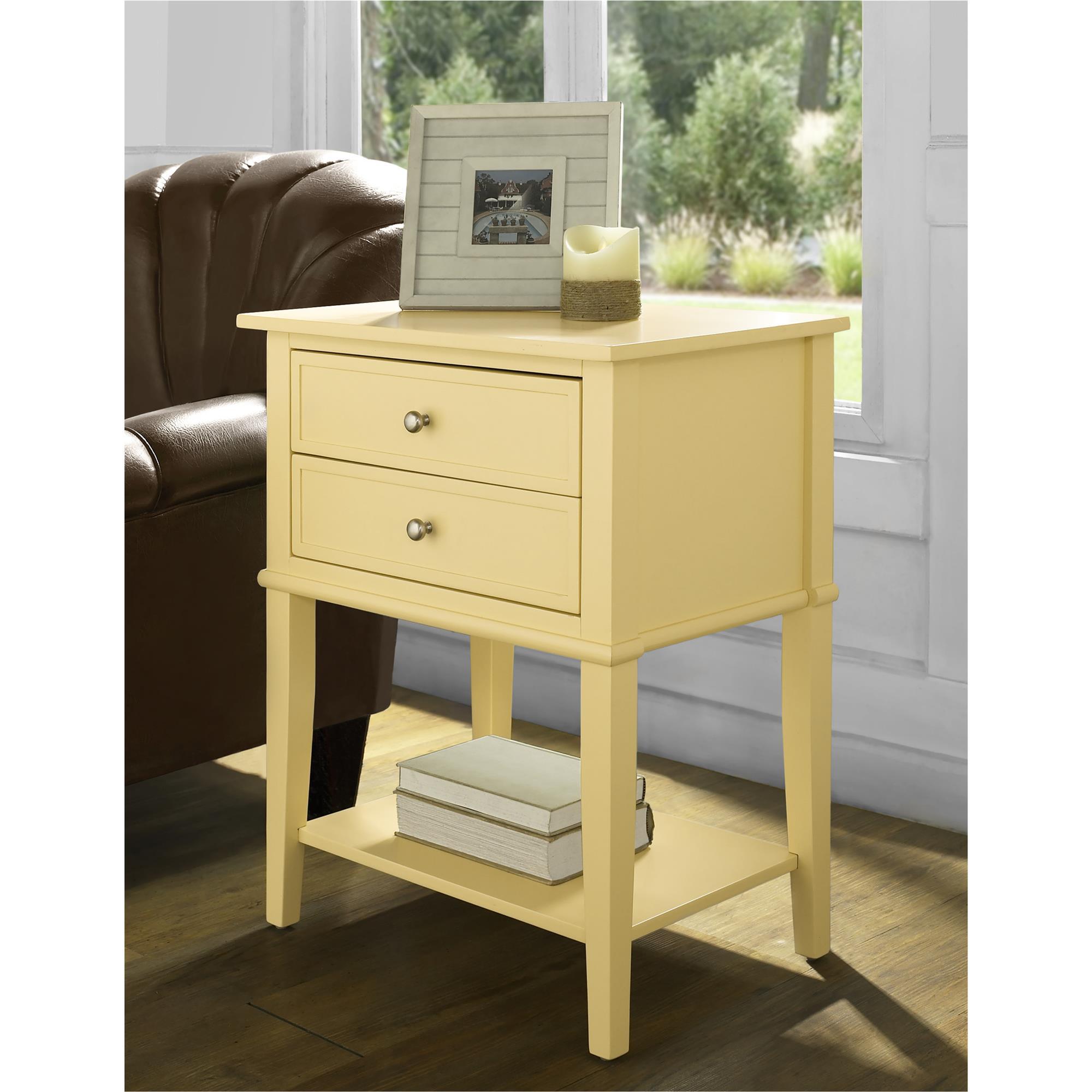 Yellow Wood Accent Table with 2 Drawers and Shelf