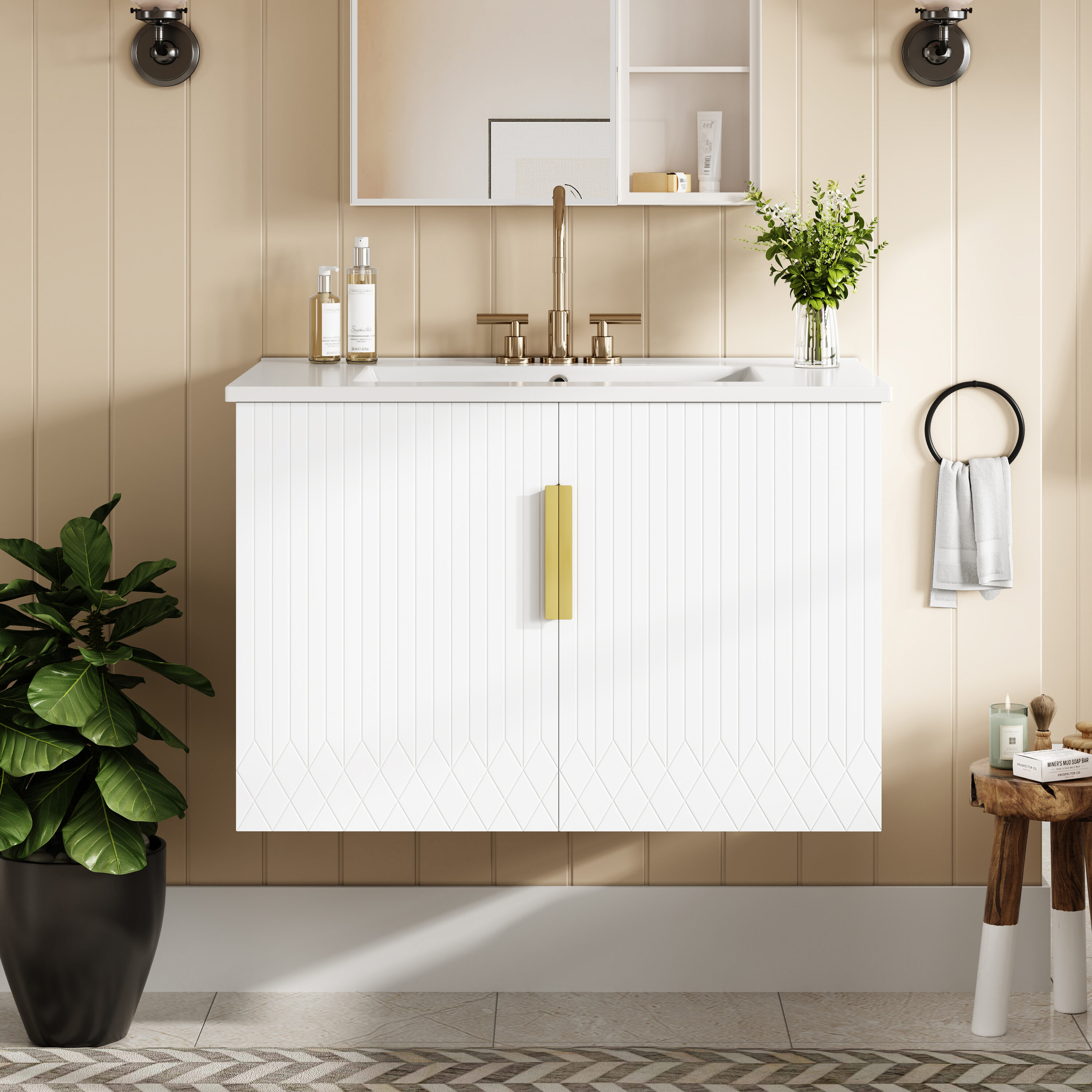 Wooakway - 30in Vintage Bathroom Vanity with Ceramic Sink with 3 Holes Single Ceramic Sink Bathro...