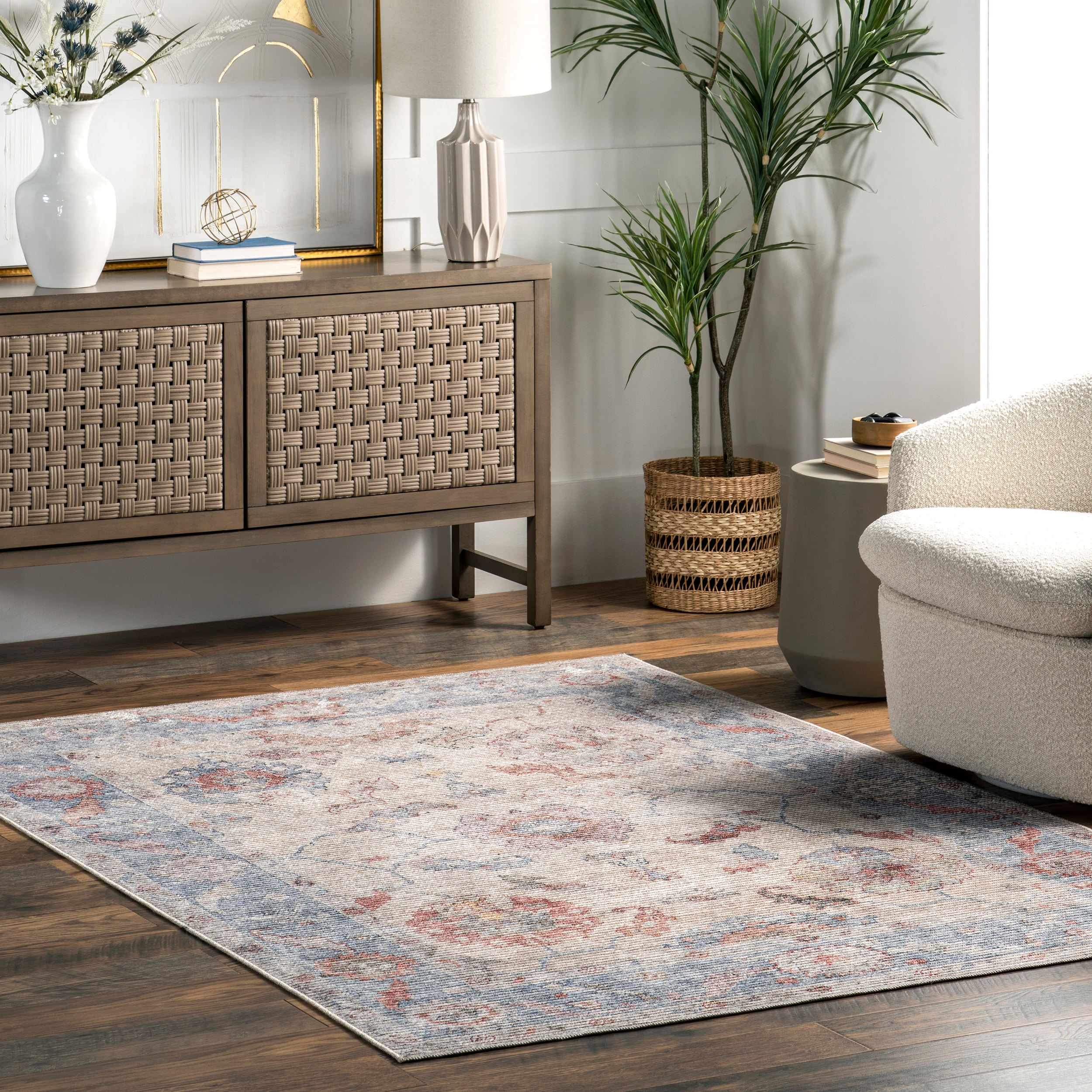 nuLOOM 200KFZM02A-508 Delana SpinClean Persian Floral Machine Washable 5ft. 3in. x 8ft. Light Grey Area Rug