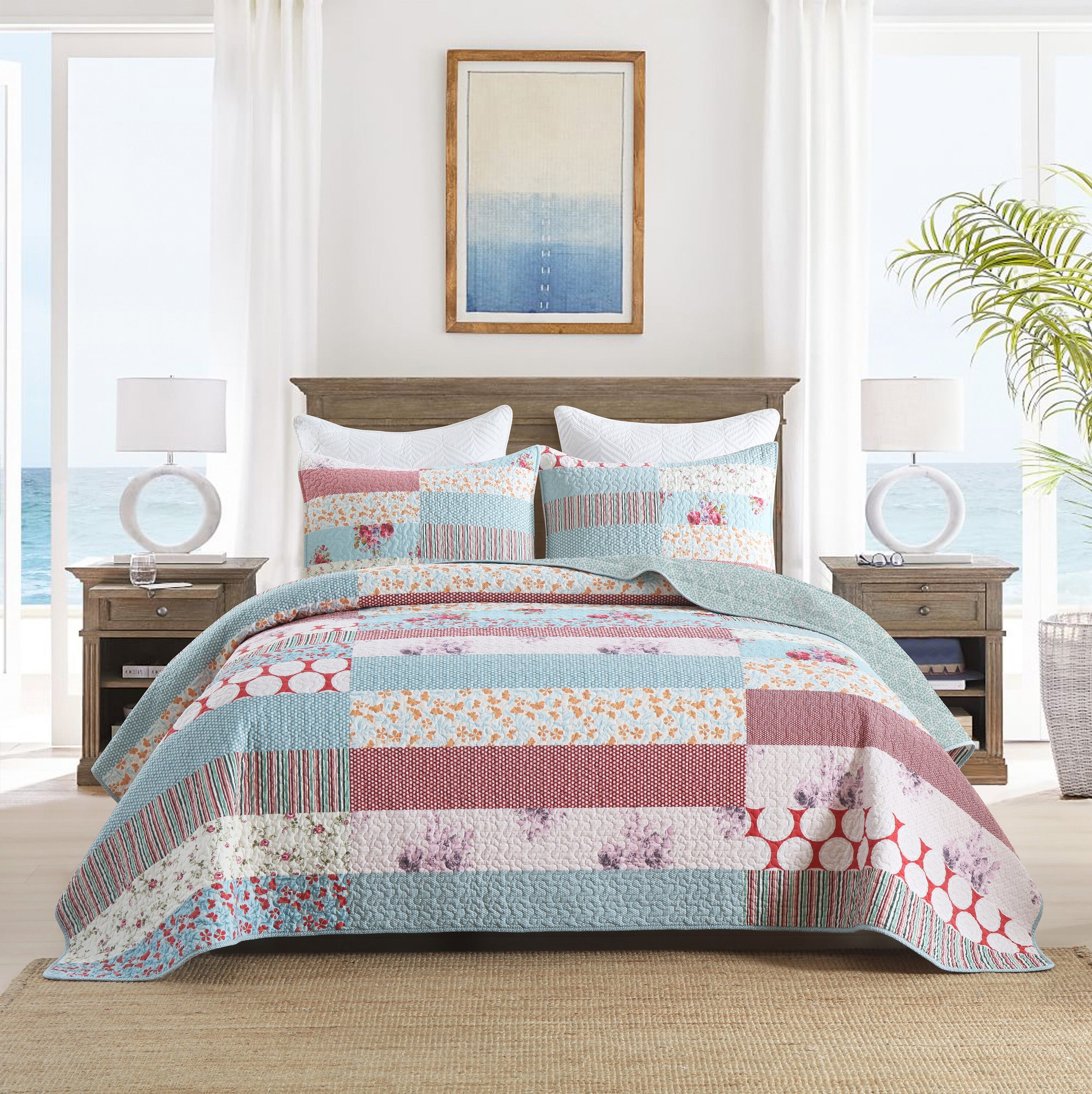 MarCielo BY331 Q BY331 3-Pieces Printed Quilt Set Floral Patchwork Pattern Queen Size Bedspread Set