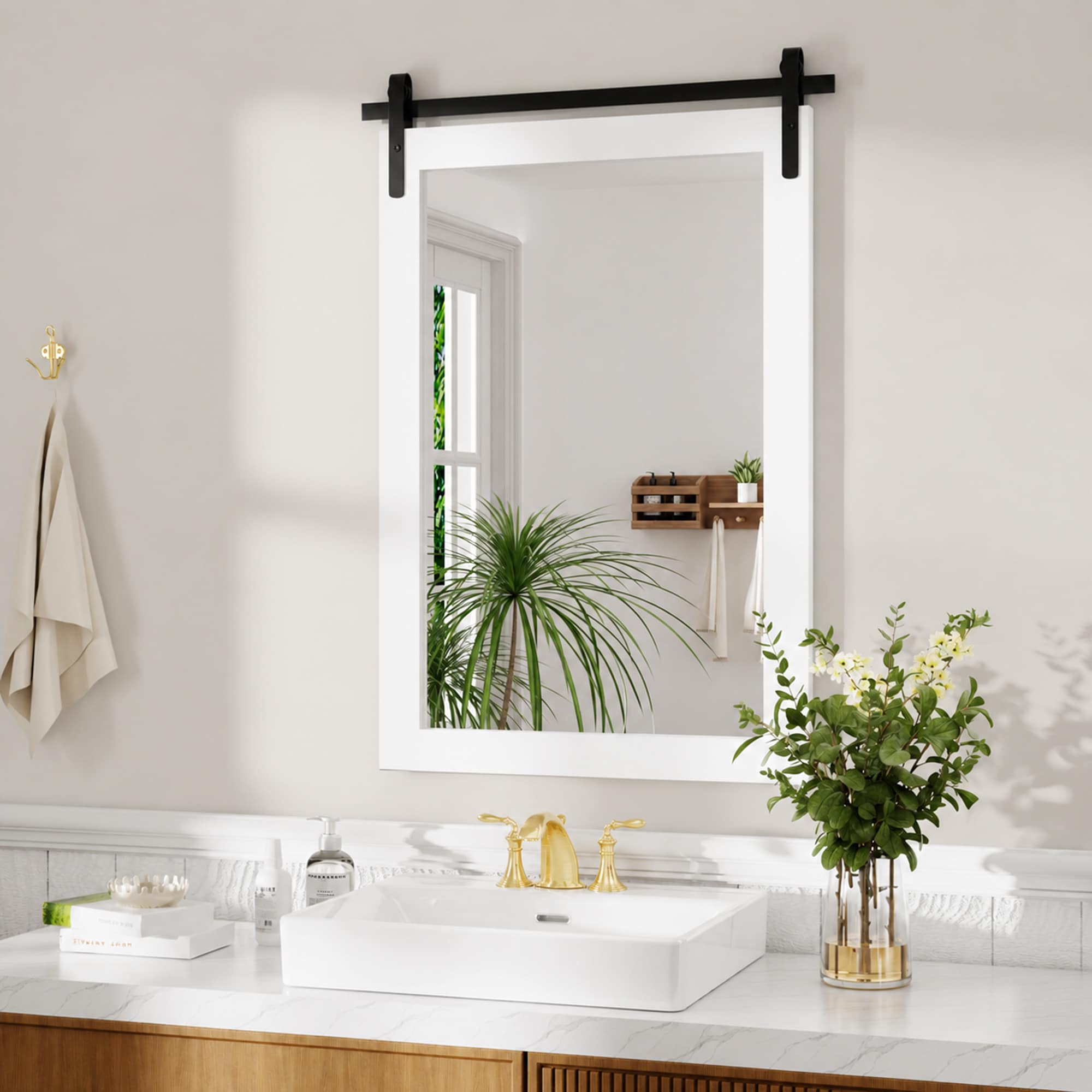 PRIMEPLUS 18-in W x 26-in H White Modern Farmhouse Barn Door Wall Mirror