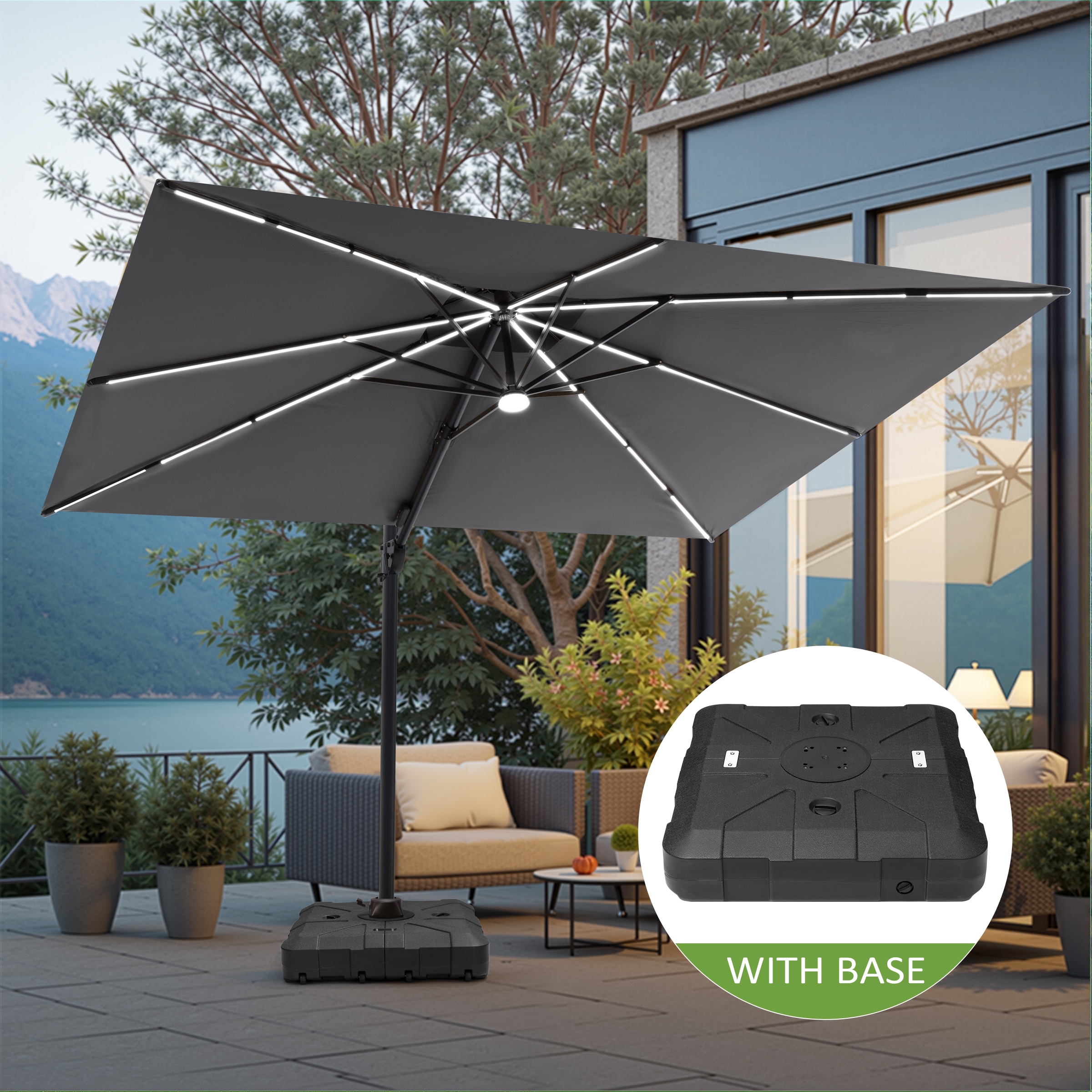 Pellebant 11-ft Aluminum Dark gray Slide-tilt Cantilever Patio Umbrella  with Lights with Base in the Patio Umbrellas department at Lowes.com