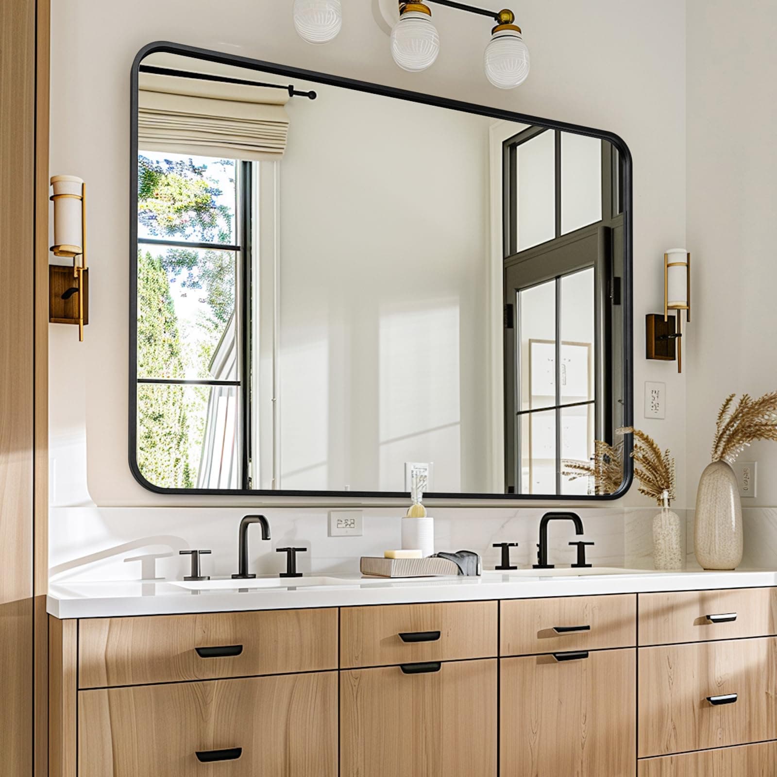 Phewnyzo -  Black Bathroom Mirror 30 x 40 Inch Metal Frame Rectangle Vanity Mirror Modern Farmhou...
