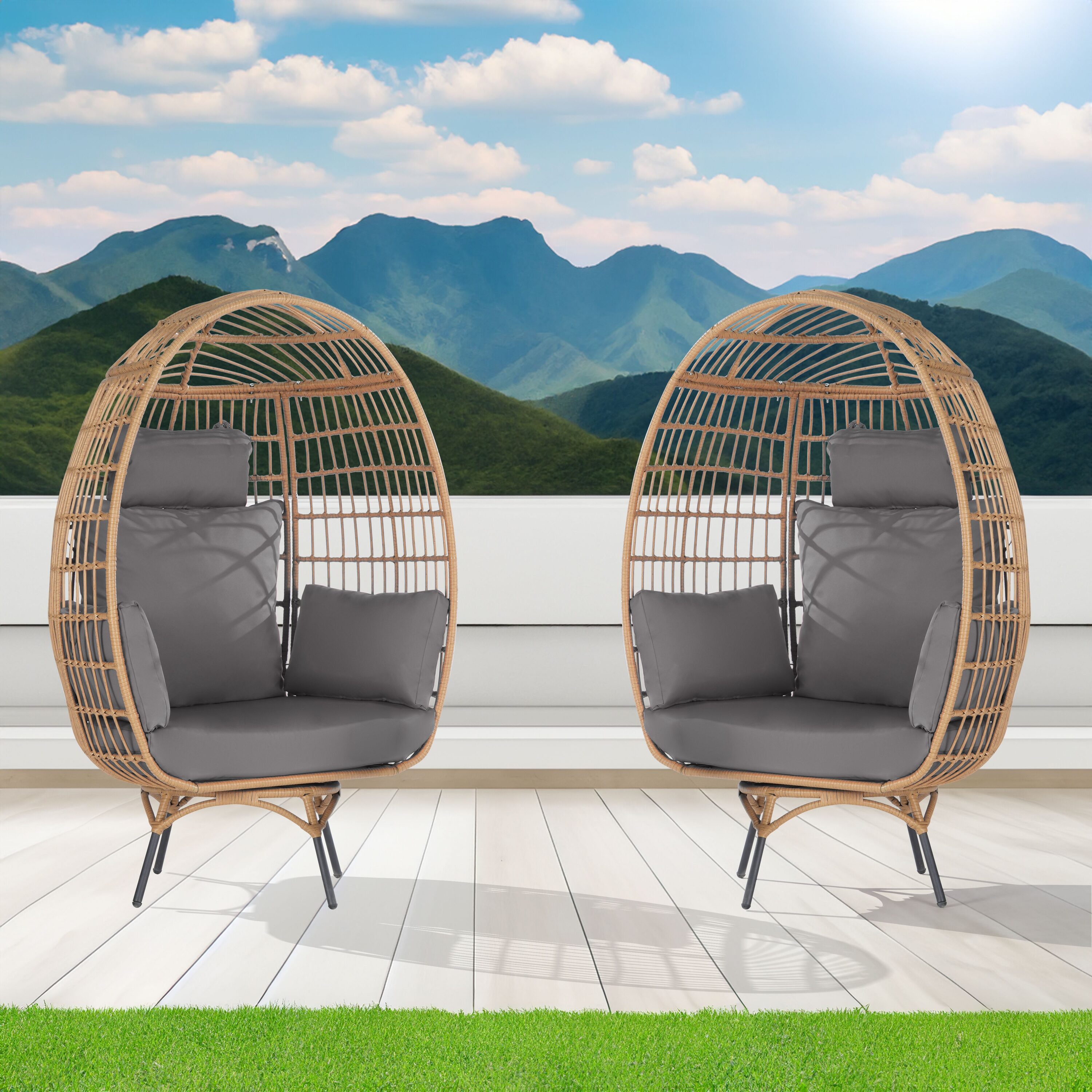SANSTAR L-RJDC68GY-BB Patio Chairs Set of 2 Wicker Gray Metal Frame Spring motion Egg Chair with Dark gray 220gsm Polyester Cushioned Seat