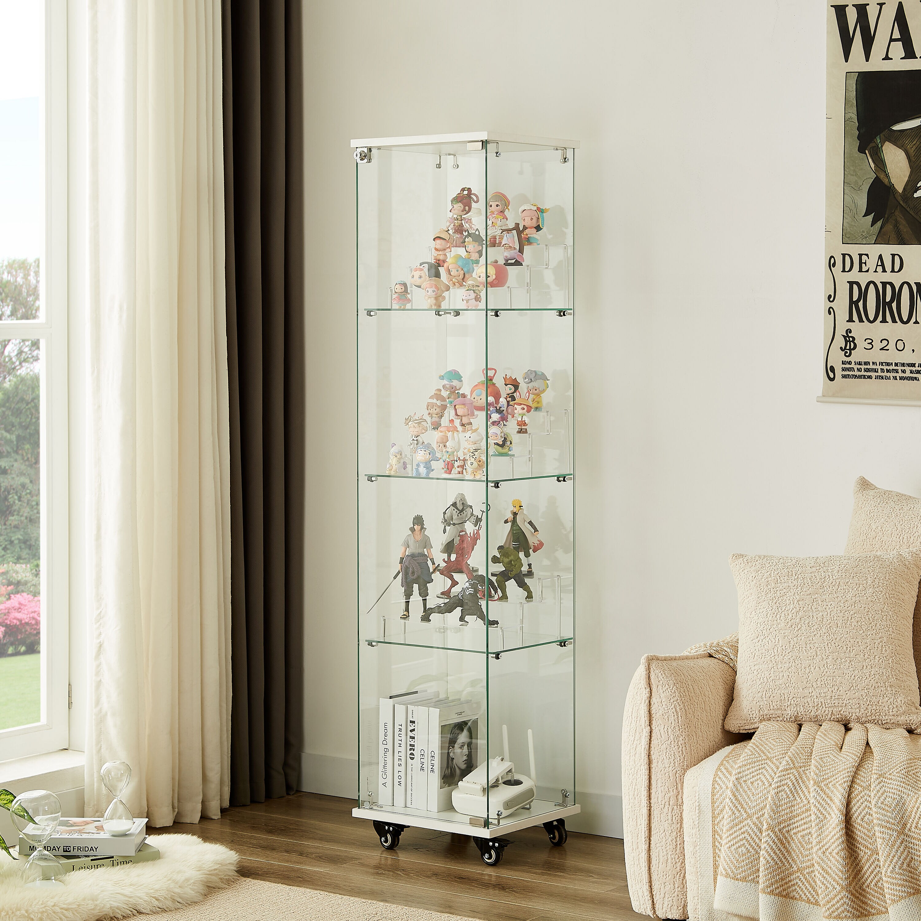 LOVMOR 4 Tier Glass Display Cabinet Single Door Glass Cabinet with Lock and Wheels Floor Standing Storage Cabinet with 3 Acrylic Shelves for Living Room Bedroom and Office  White 15.8inch L x 14.2inch W x 65.1inch H