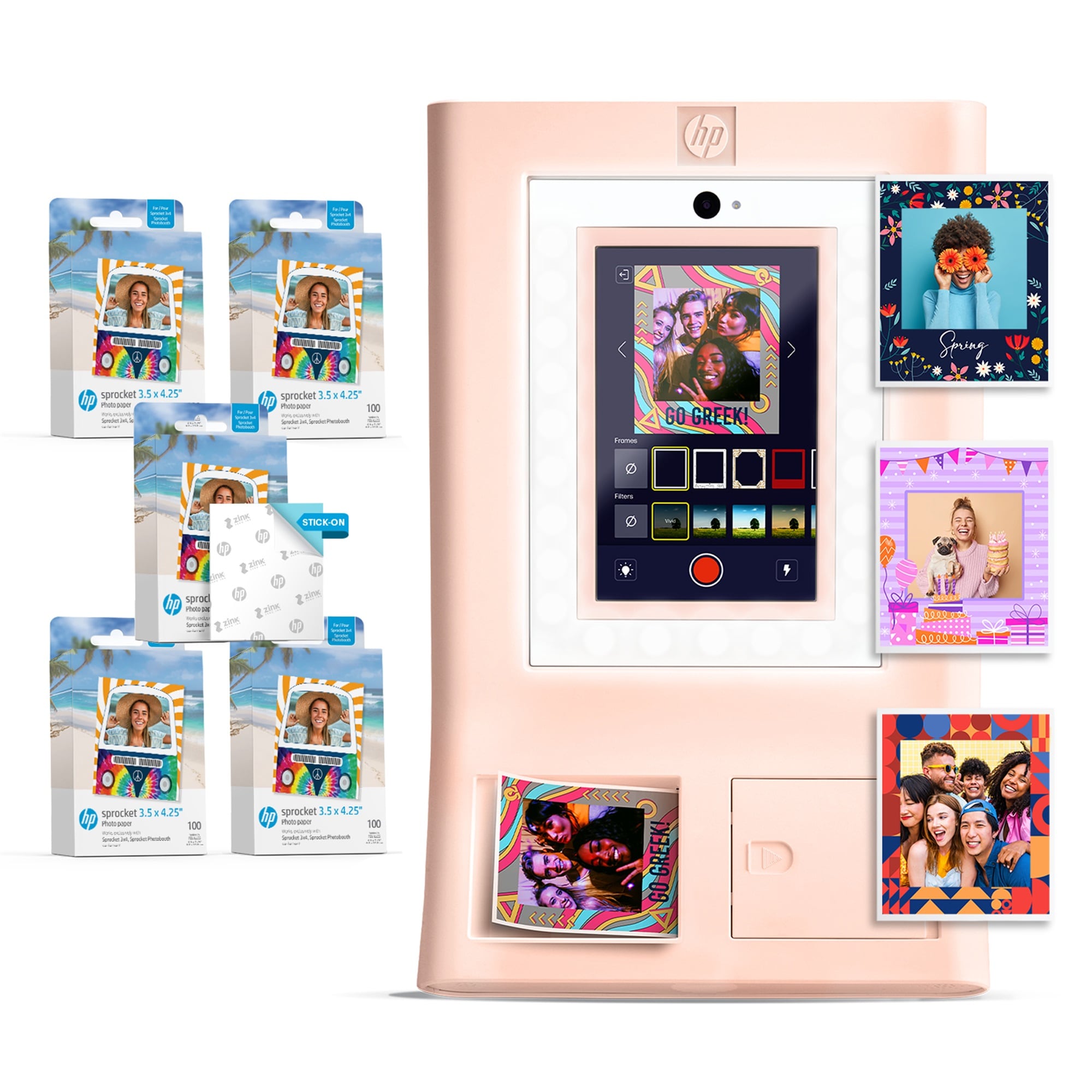 HP Sprocket Photobooth 3x4 Photo Printer Bundle with 3.5 x 4.25 Zink Photo Paper 500 Sheets - Pink