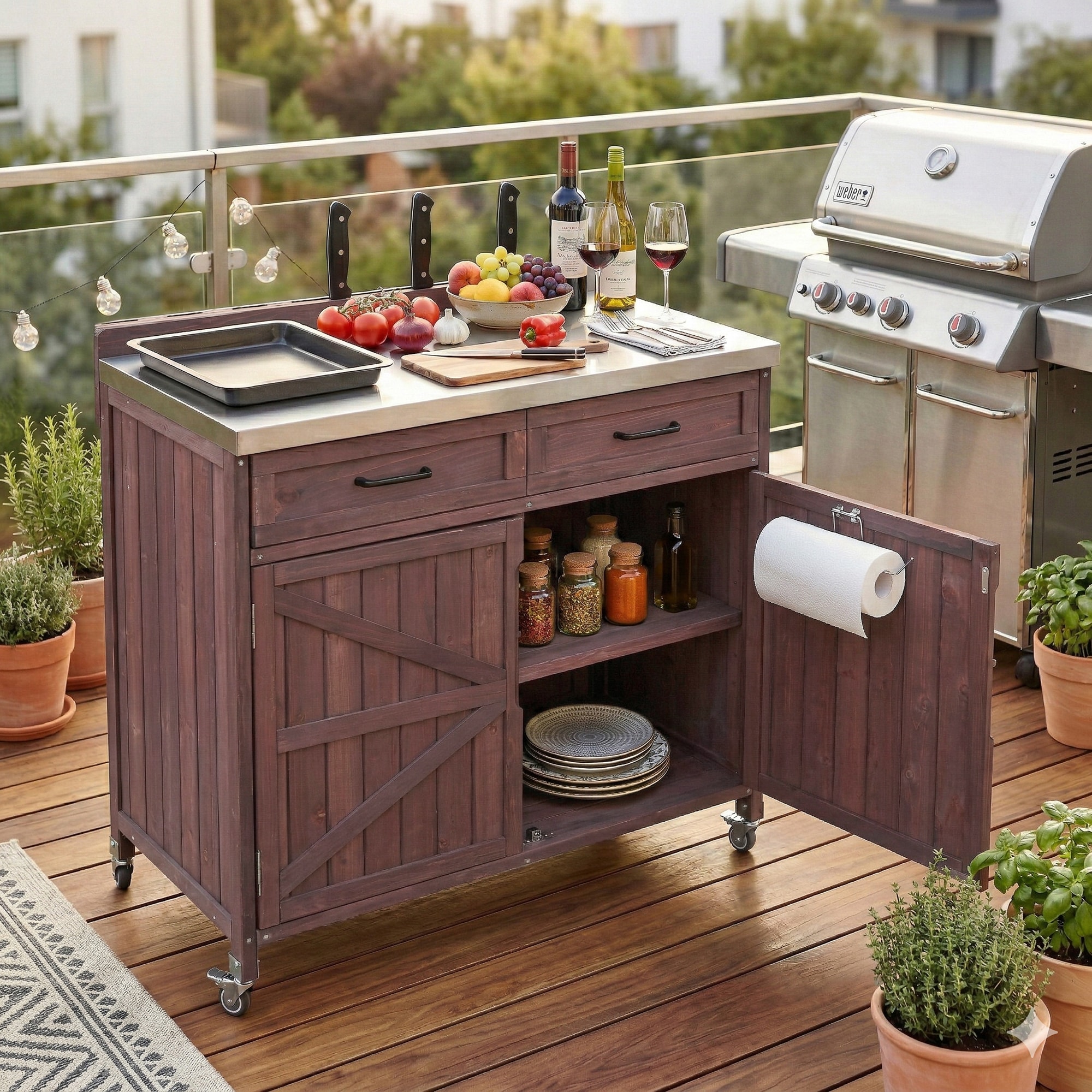 ModernLuxe Assembly Required 39.4inch Outdoor Kitchen Island with Stainless Table Top  Outdoor Storage Kitchen Cabinet with One Large Drawer  Adjustable Shelves  Internal Storage Racks  and  4 Wheels for Pizza Prep  Dark Brown