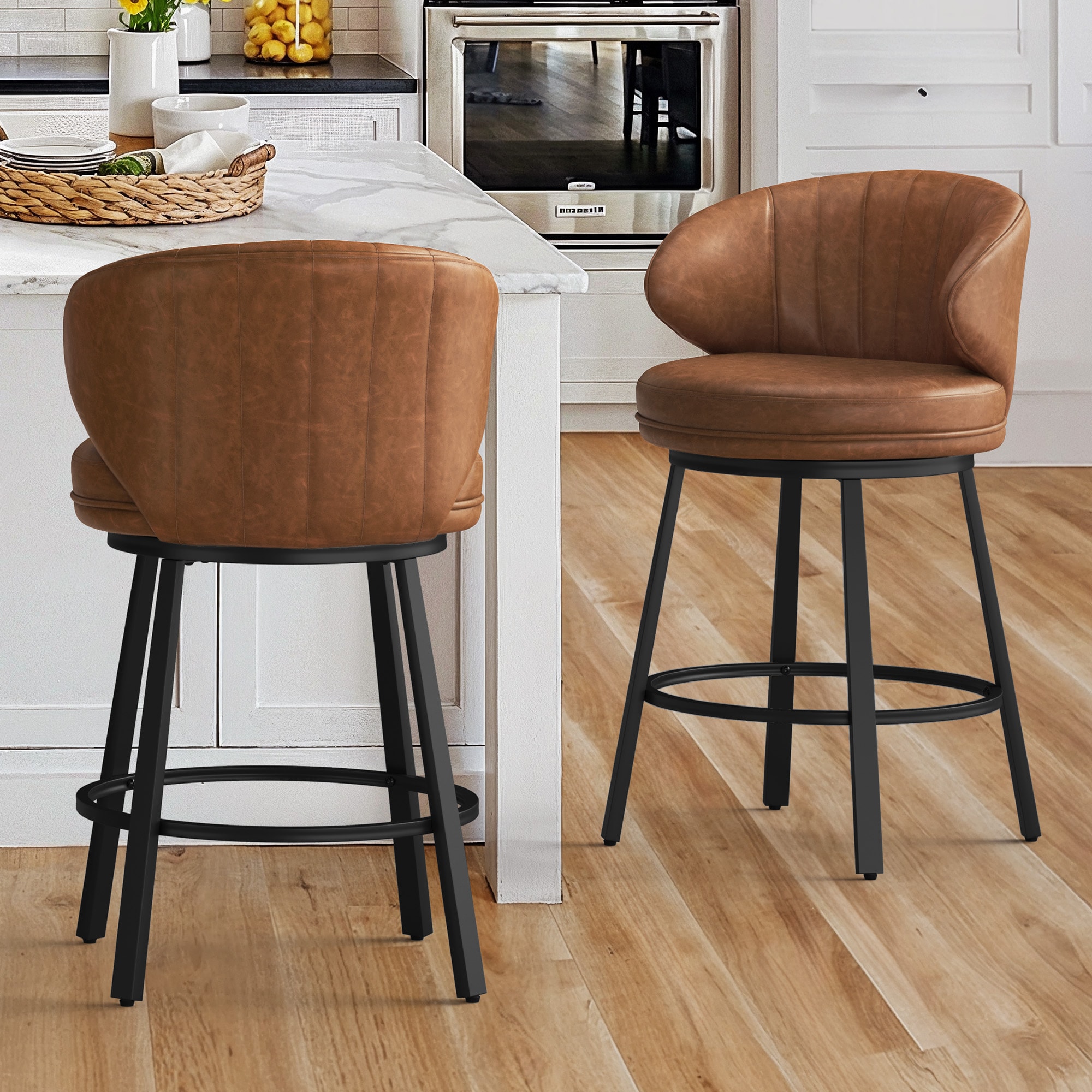 Yurevna - Brown 26.2-in H Counter height Upholstered Swivel Metal Bar Stool 2 -Pack