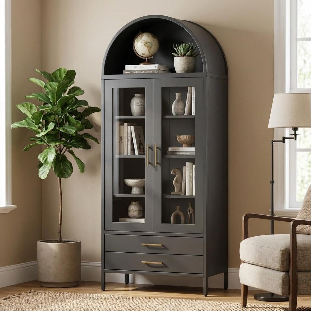 IdealHouse 55in Tall Black Kitchen Pantry Cabinet/ Arched Glass Display Cabinet with 2 Drawers for Living Room Dining Room Office - Black