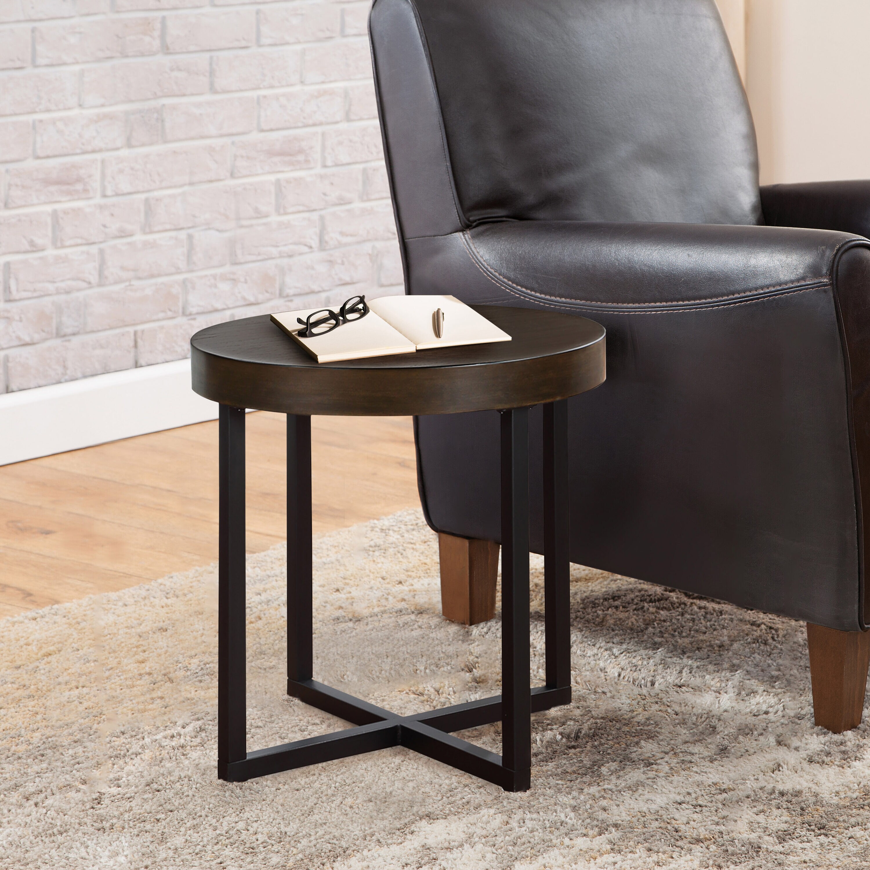 Yukon 24" Round Walnut Wood and Iron End Table