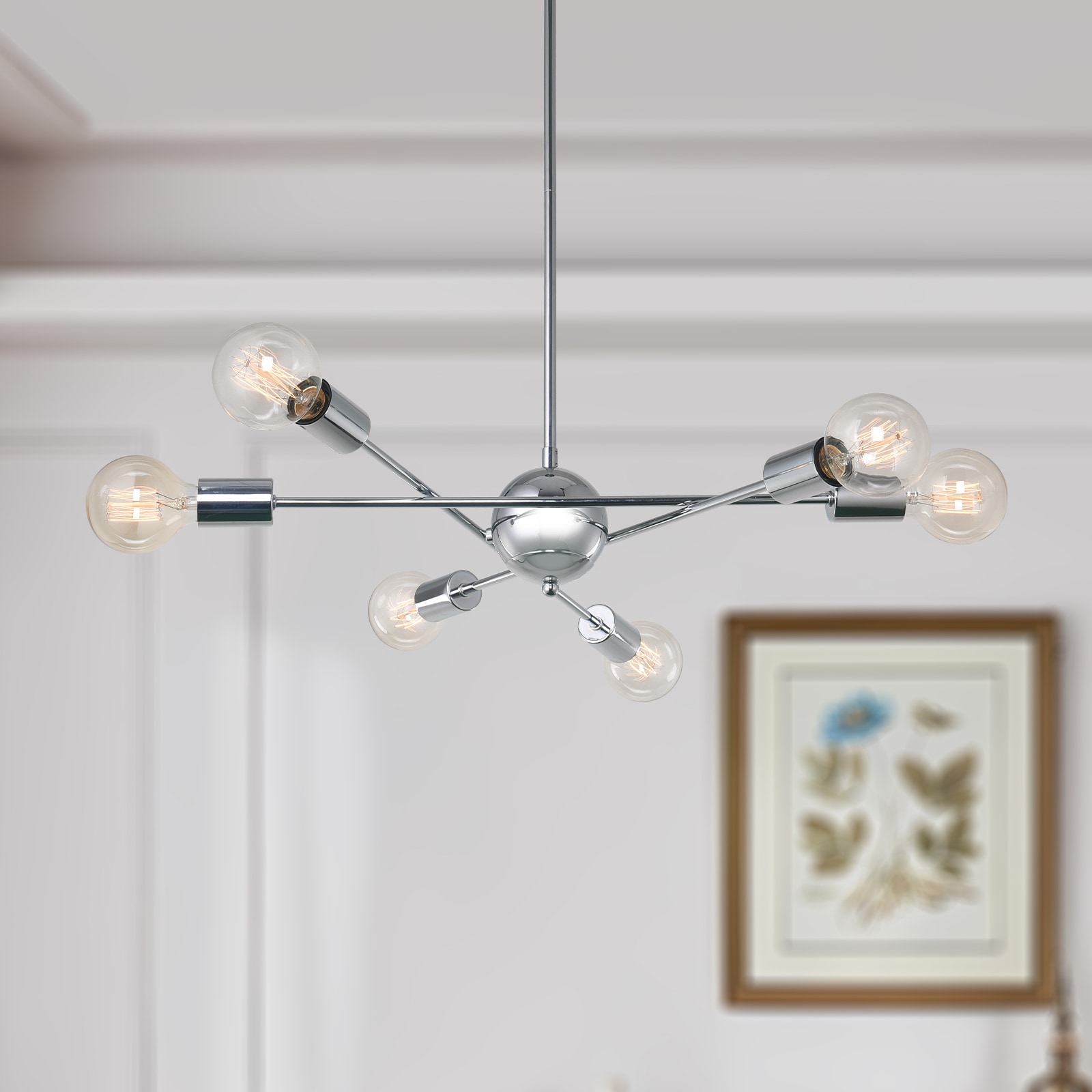 HUOKU PD1001051 Chic 6 -Light Polished Chrome Mid-century Bare bulb For Use in Bedrooms, Dining Rooms, Foyers, Kitchens, Living Rooms Chandelier