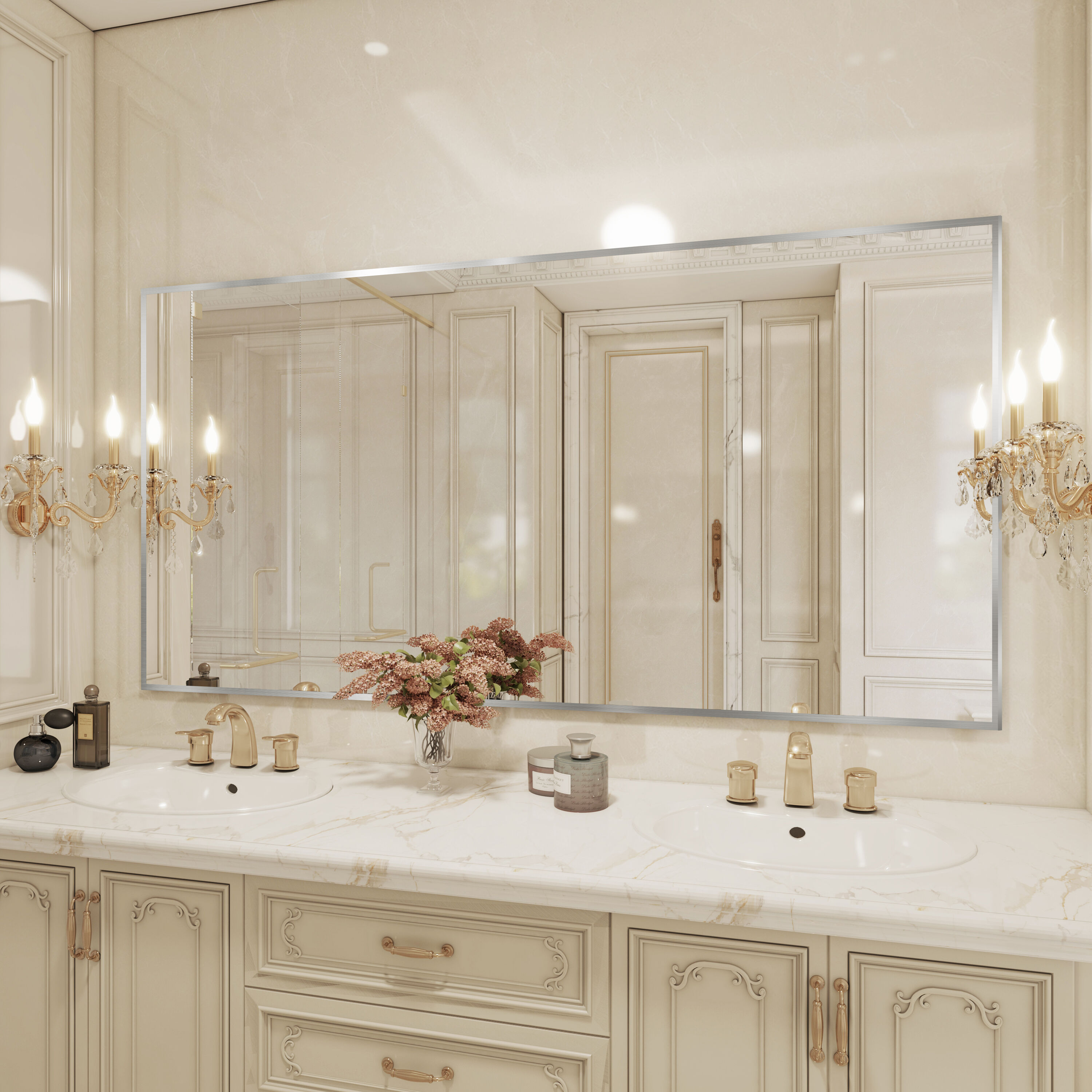 Yulika Ptjz 72-in x 36-in Framed Rectangle Bathroom Vanity Mirror ( Brushed Nickel )