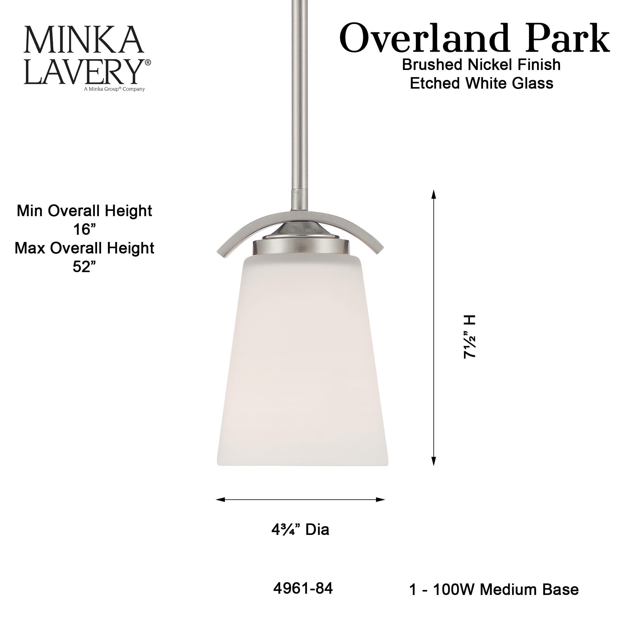 Overland Park Brushed Nickel Mini Pendant with Etched White Glass