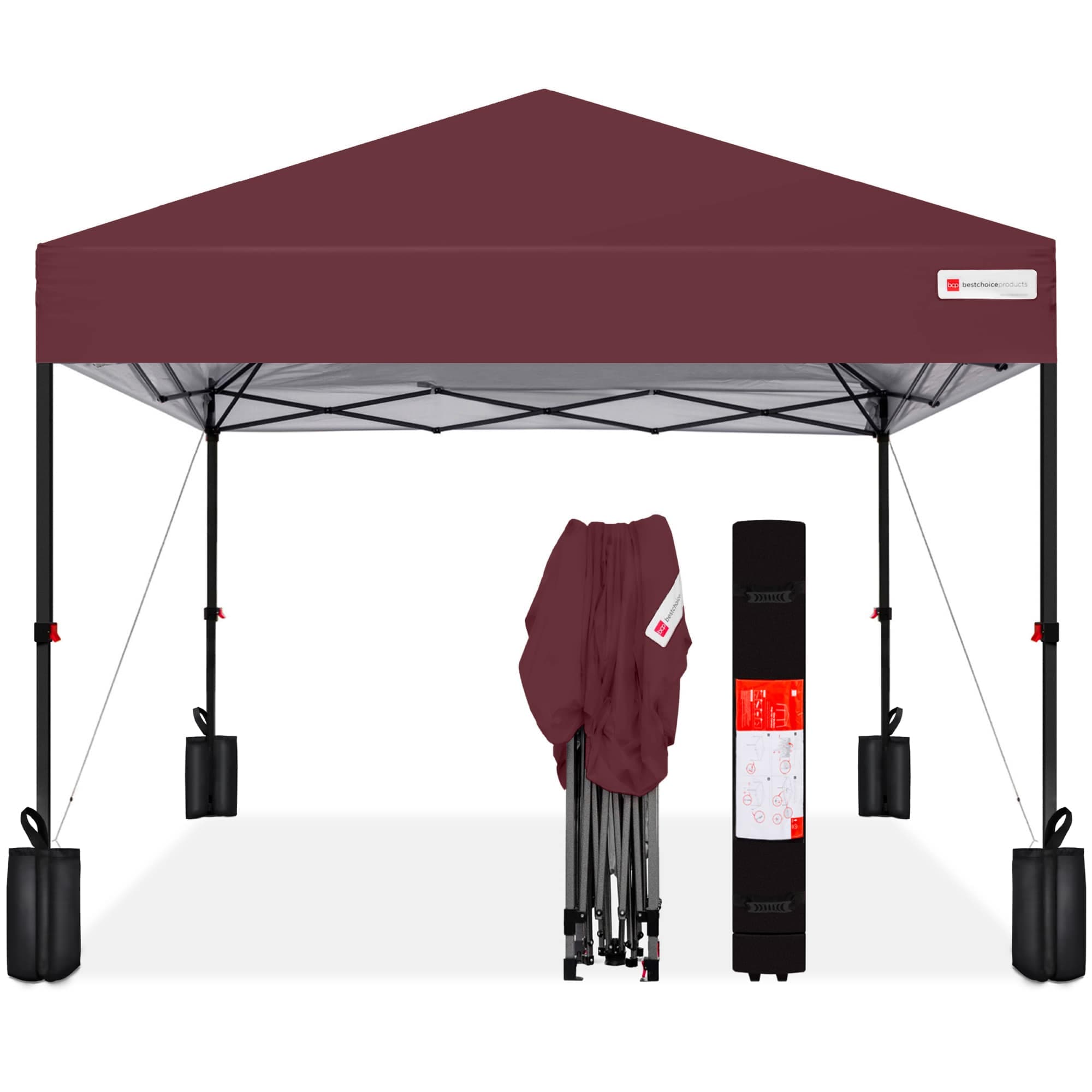 Best Choice Products SKY7819 10x10ft Easy Setup Pop Up Canopy w/ 1-Button Setup Wheeled Case 4 Weight Bags - Burgundy