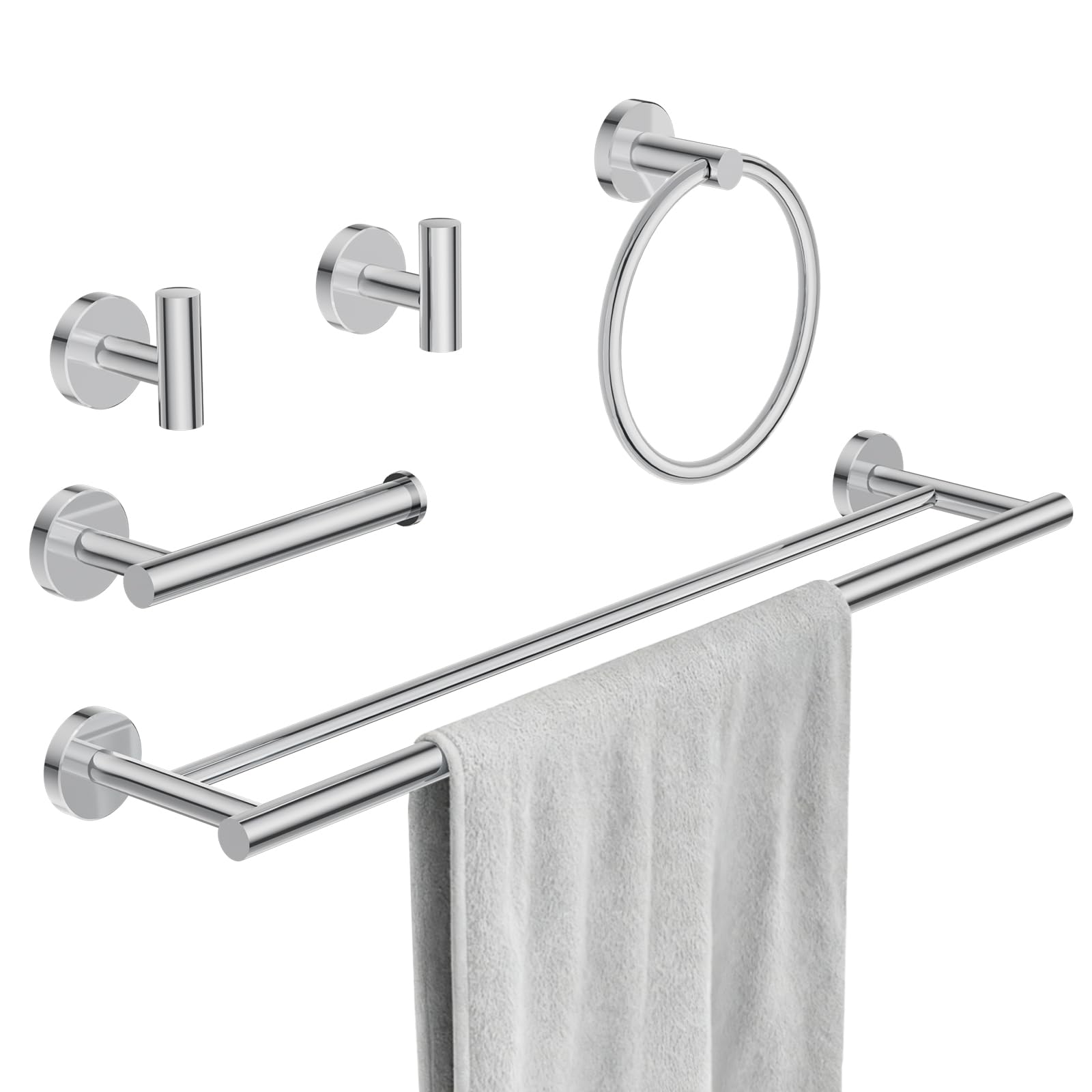 TNSO - Polished Chrome Stainless Steel 5 Piece Bathroom Hardware Set Wall Mounted Towel Bar Rack ...