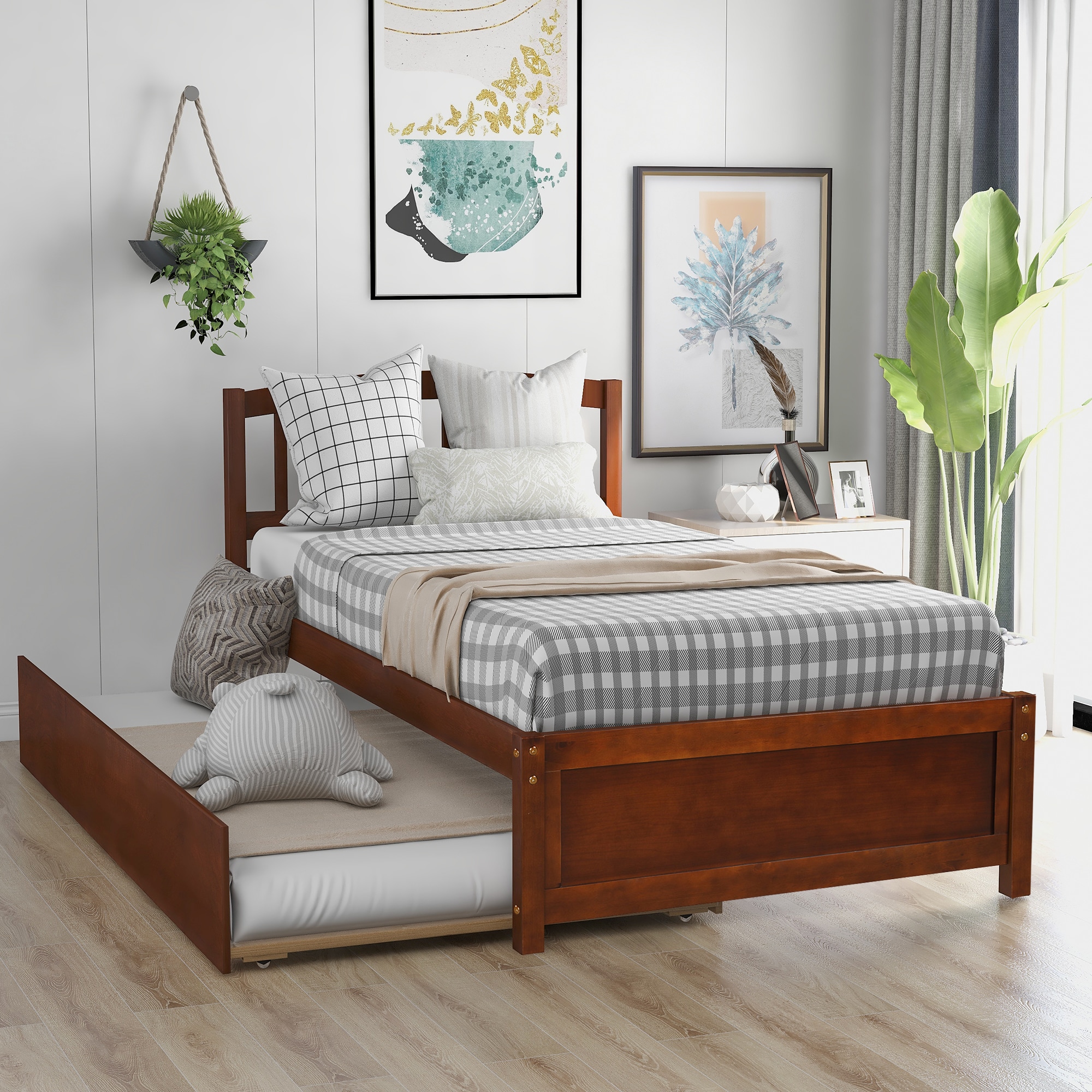 ModernLuxe WF194302AAD Twin size Platform Bed Wood Bed Frame with Trundle Walnut