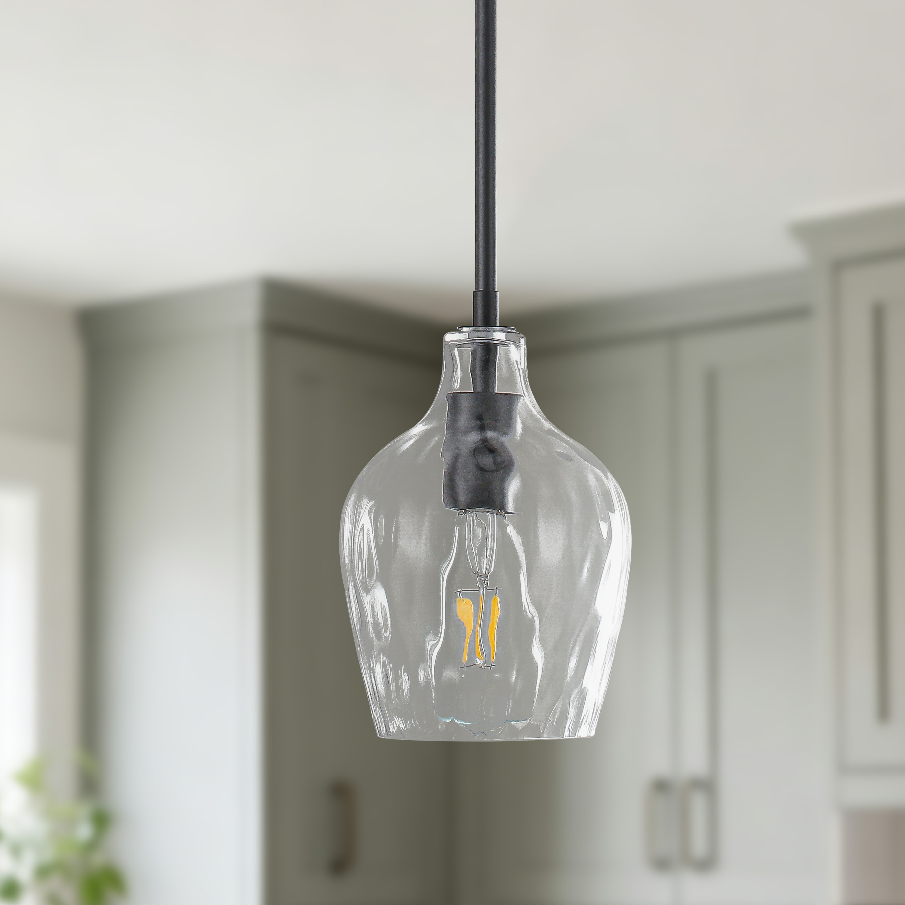 GZJunYo 1-Light Matte Black  Modern Water Ripple Clear Glass Bell Jar Mini Hanging Pendant Light