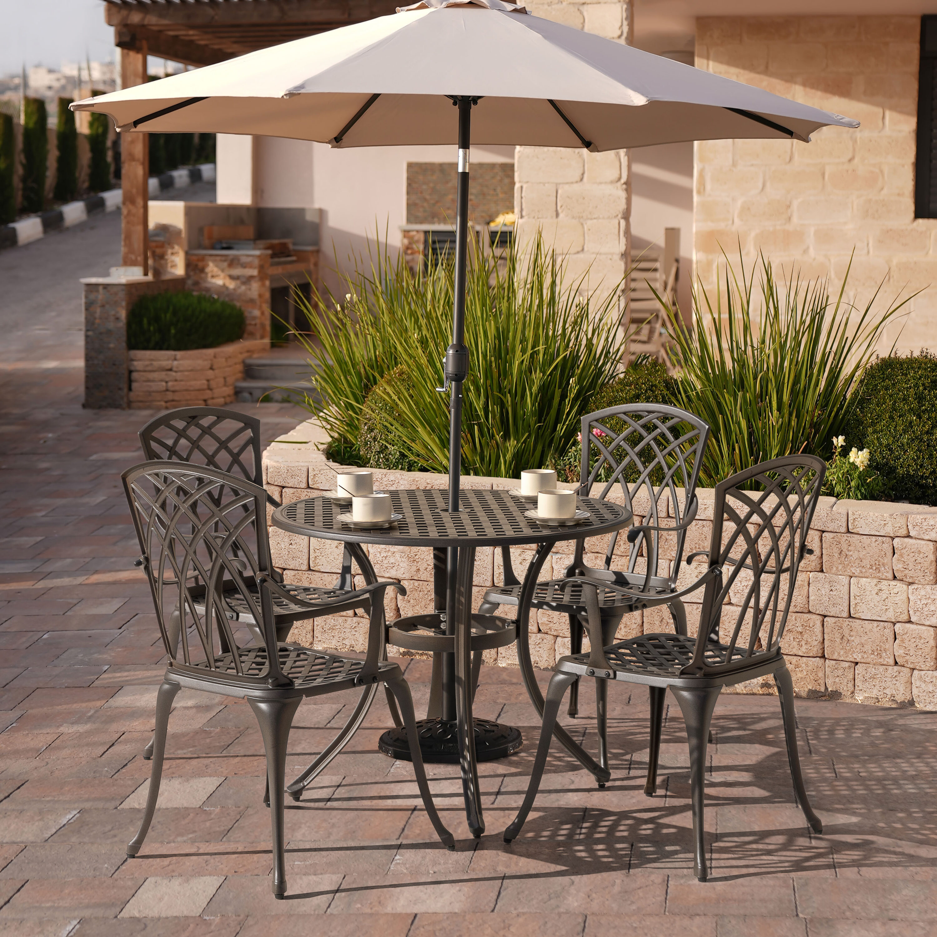 Nuu Garden 5 Piece Brown Patio Dining Set With Powder Coated Frame And