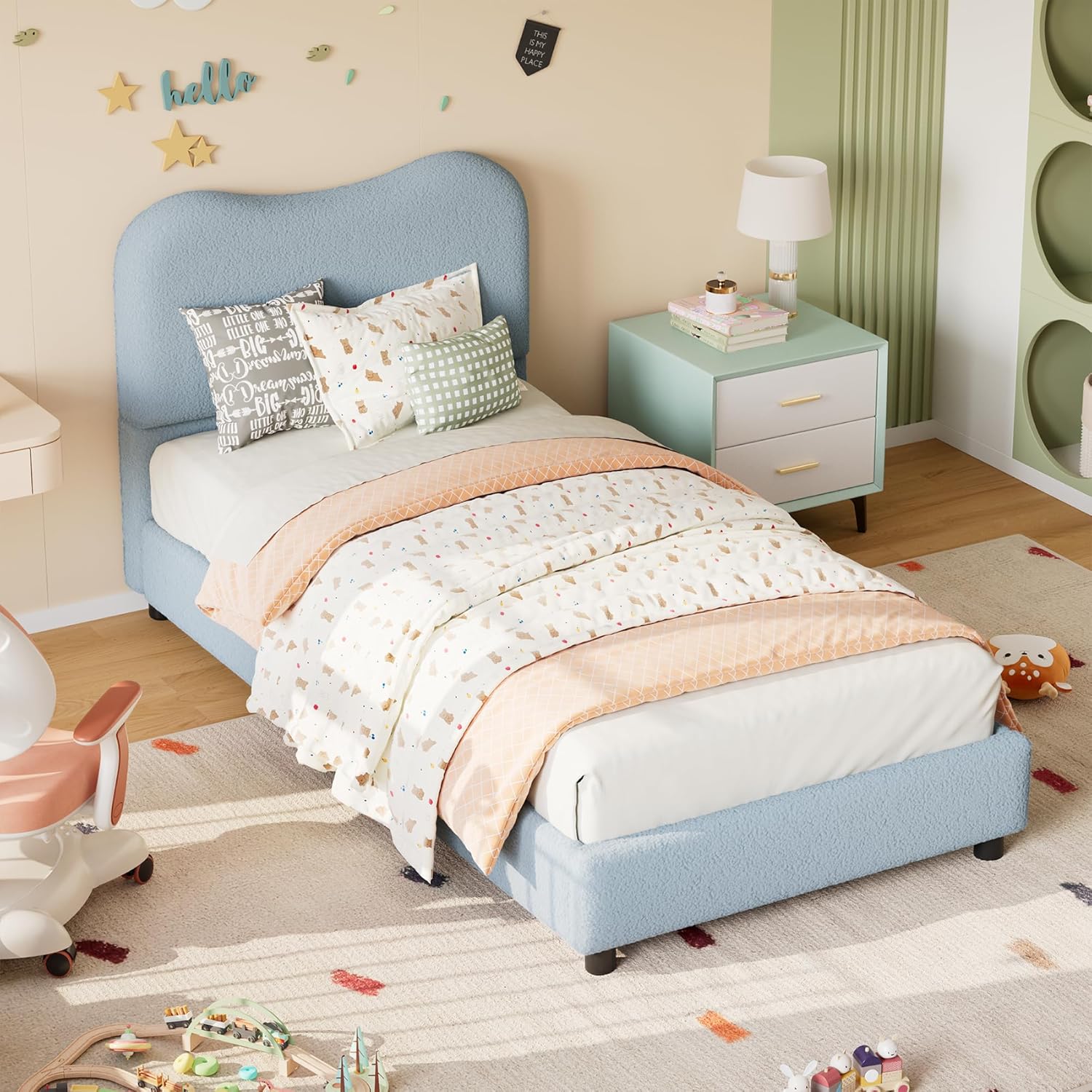 Qeetex LHF-BED-PHK-33JNHYVR Twin Bed Frame for Kids with Velvet Upholstered Headboard Cute Low Profile Platform Bed for Girls and Boys No Box Spring Needed Strong Wooden Slats Noise Free Easy Assembly Blue
