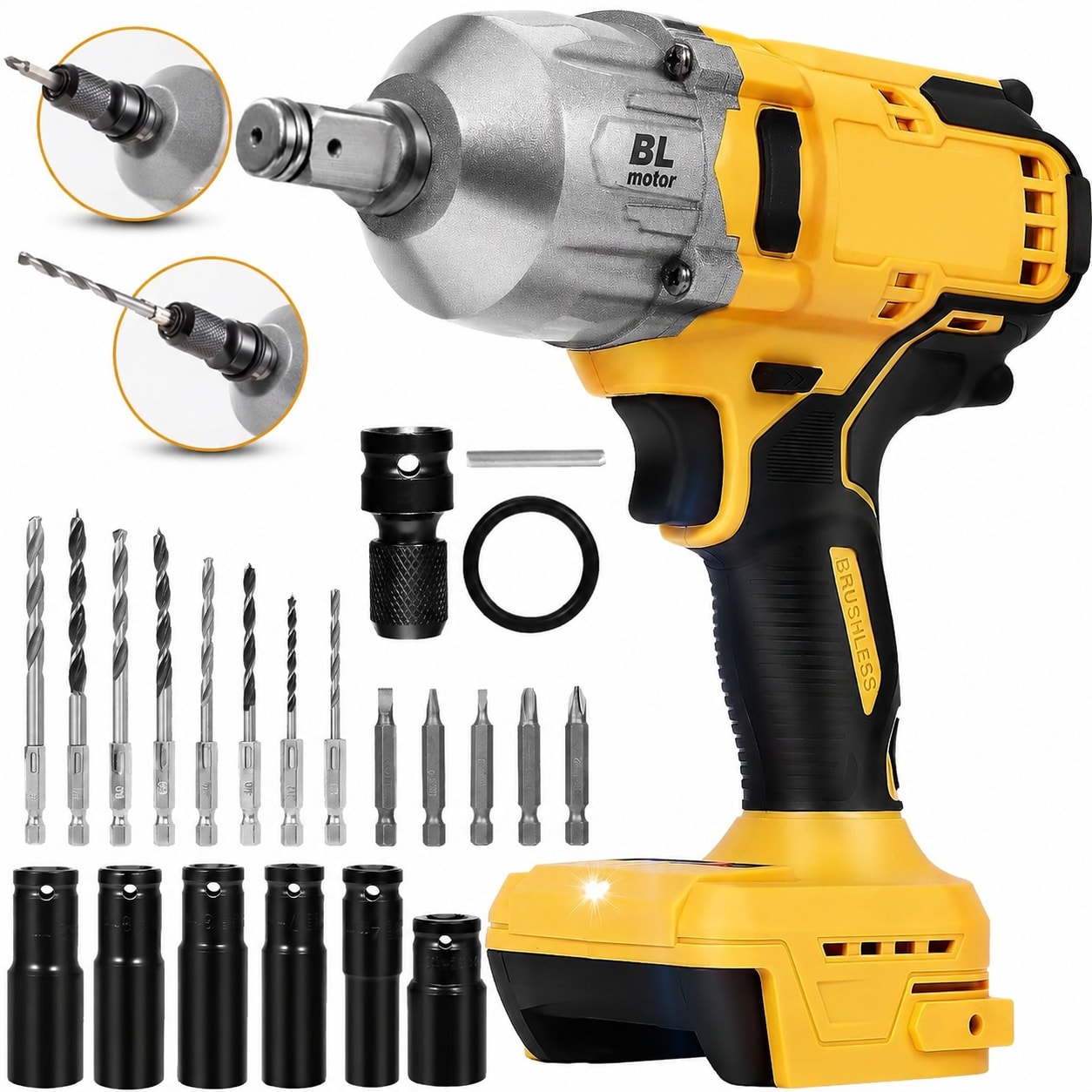 Adrinfly  Cordless Impact Wrench Compatible with Dewalt 20V power cell Brushless Motor Auto Stop Reverse LED Light 32 Piece Kit for Tire Change