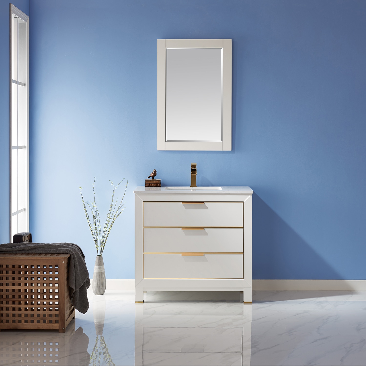 Altair - Georgia 42 Single Bathroom Vanity Set in Jewelry Blue and Composite Carrara White Stone Top with White Farmhouse Basin Without Mirror | 5370