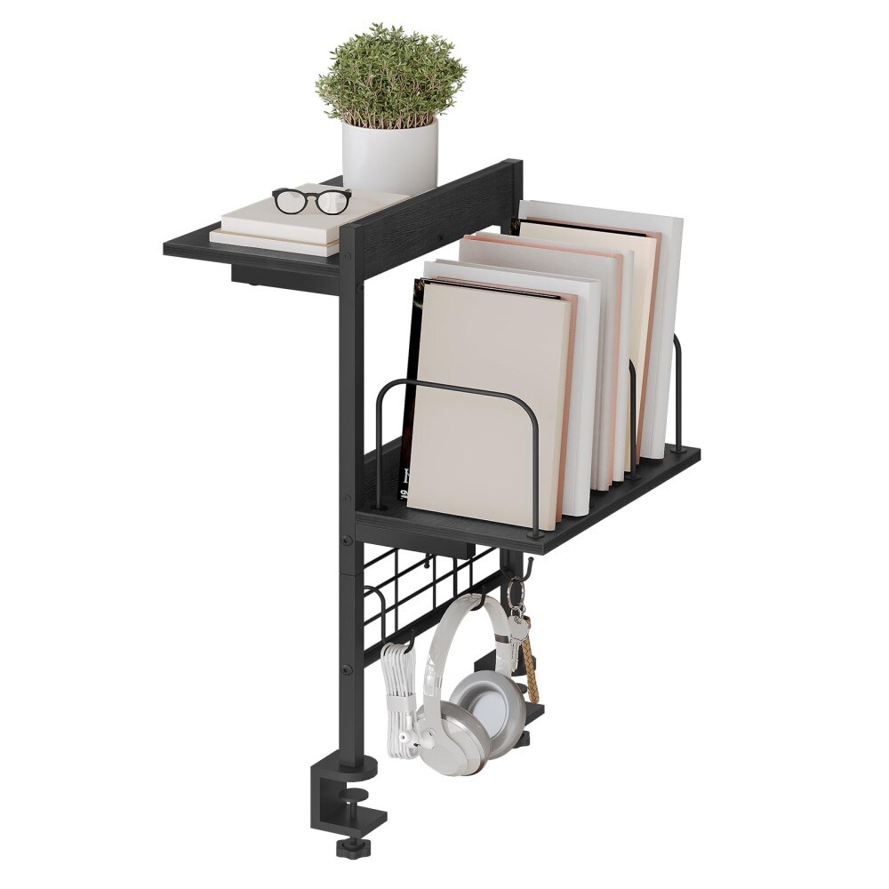 MOEPISY Clamp On Desk Shelf with 2 Tier Storage and Hooks Adjustable Desktop Organizer for Home Office Study and Gaming Setup