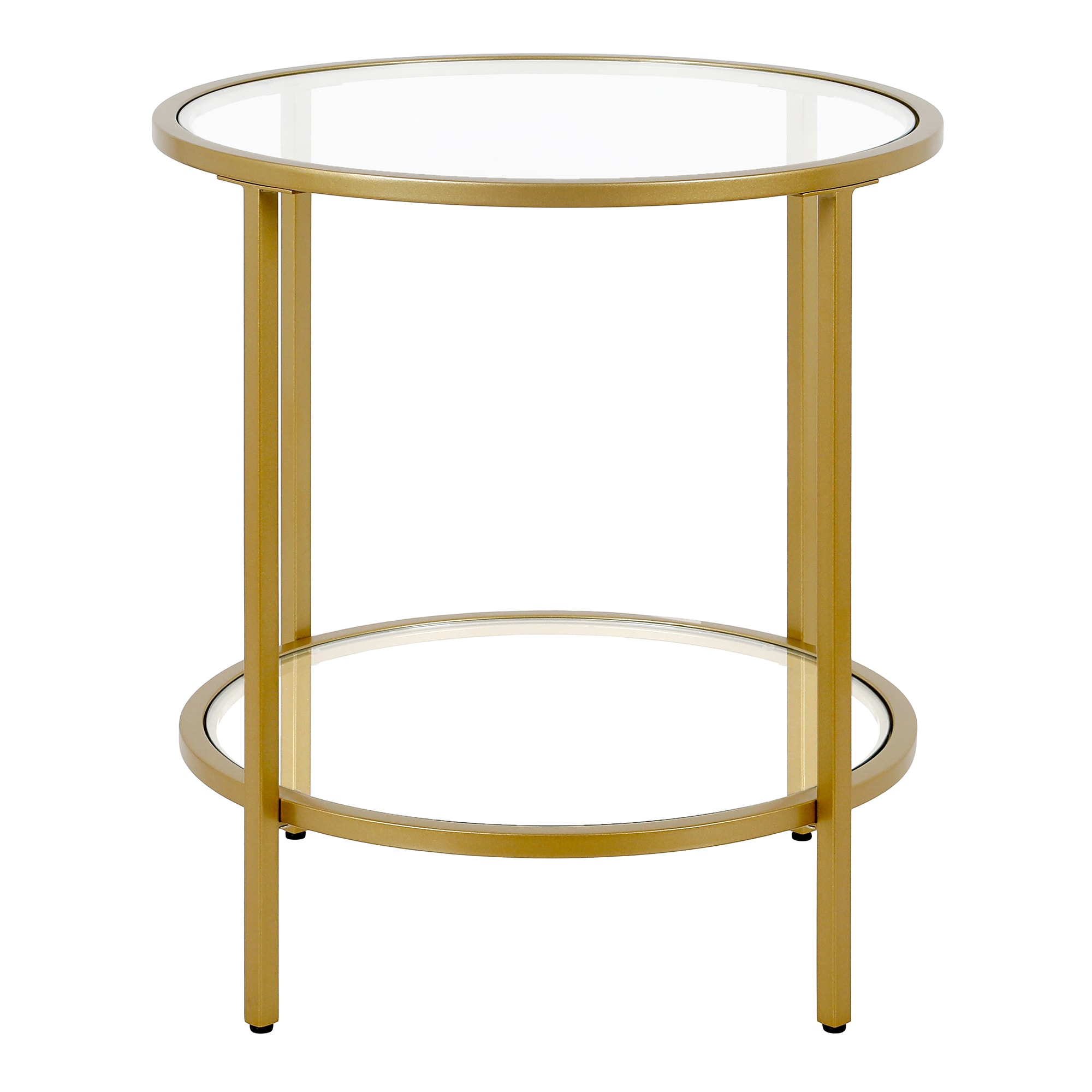 20" Round Brass & Glass Compact Side Table with Shelf