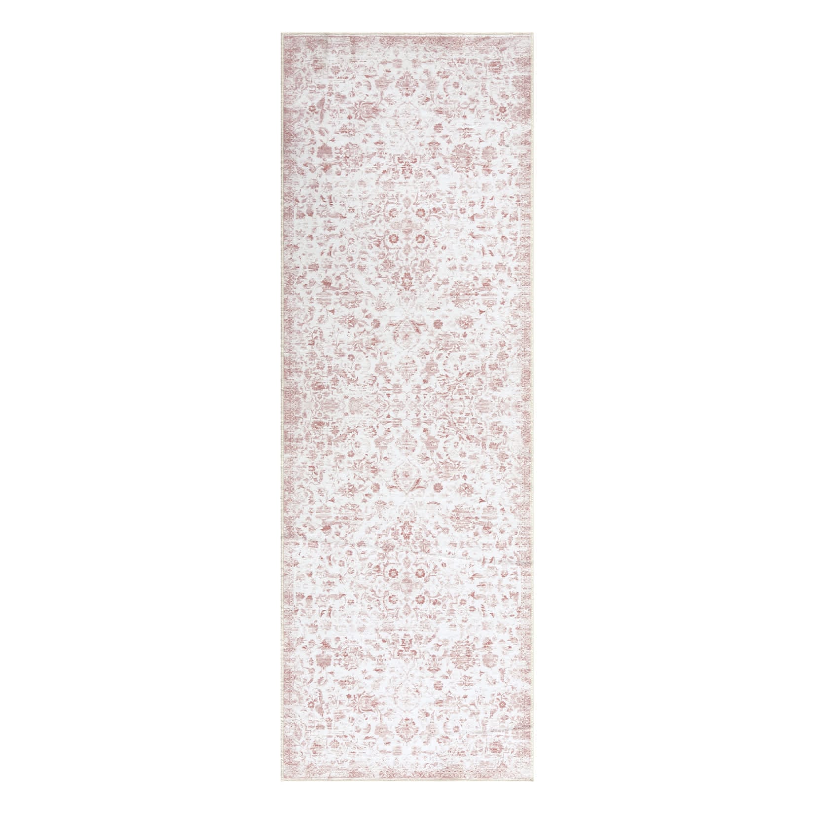 Qeetex SUNNY-PHO-0ZKX26NC 2 x 6 ft Polyester Pink Rectangular Laundry Bathroom Kitchen Laundry Floral Print Soft Non Slip Vintage Machine Washable Runner Rug