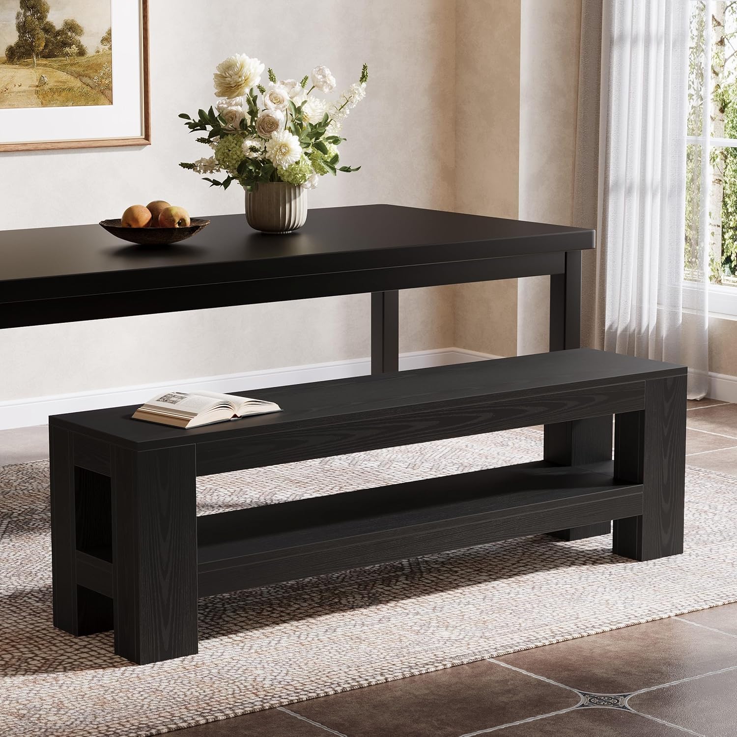 Tribesigns Black 59 inch W Farmhouse Dining Bench with Storage Shelf for Dining Room Bedroom