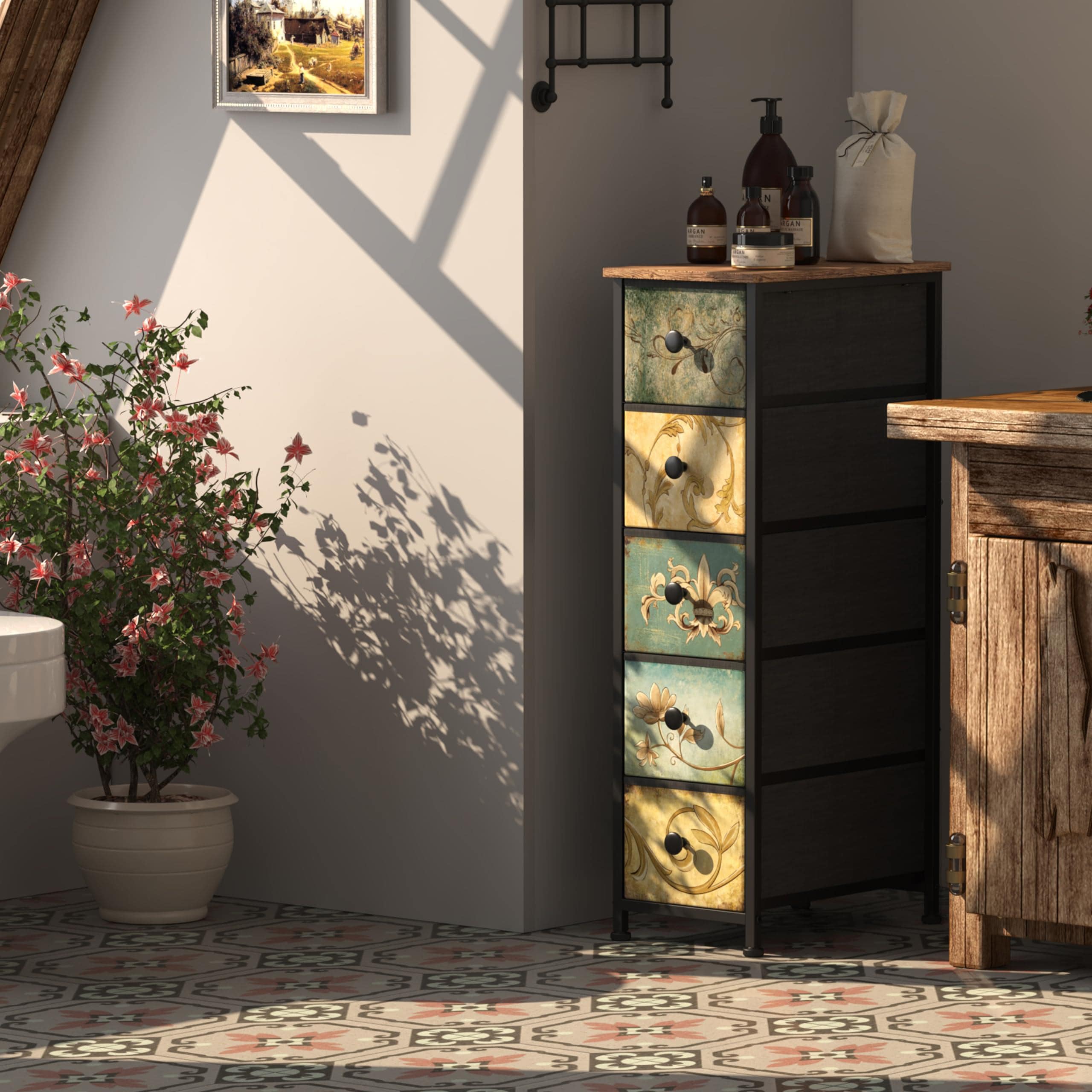 Etokfoks 5 Drawer Slim Vertical Dresser with Retro Flower Pattern