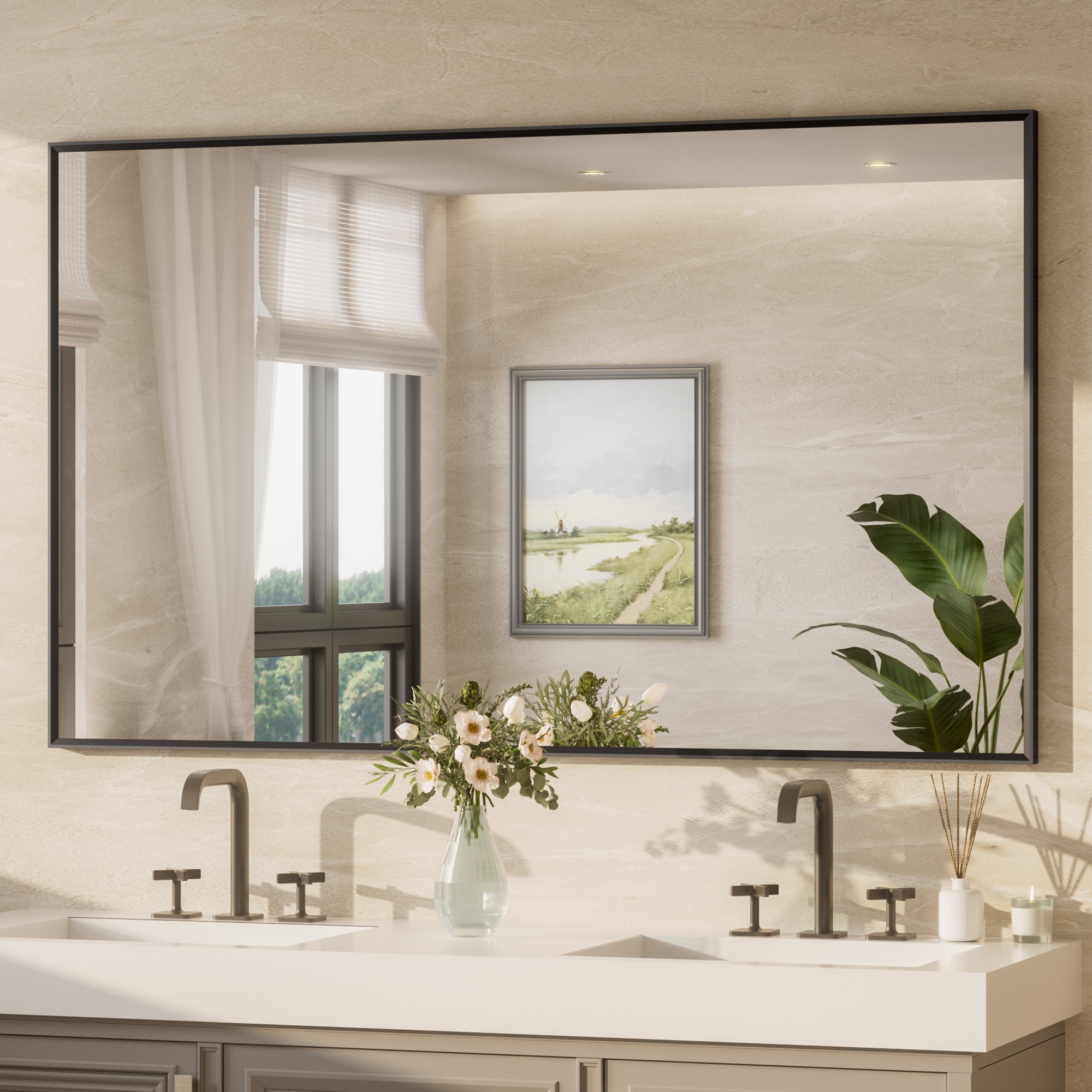 Keonjinn LW-25F-15291BK Bathroom Mirrors 60-in W x 36-in H Rectangle Matte Black Framed Wall Mirror